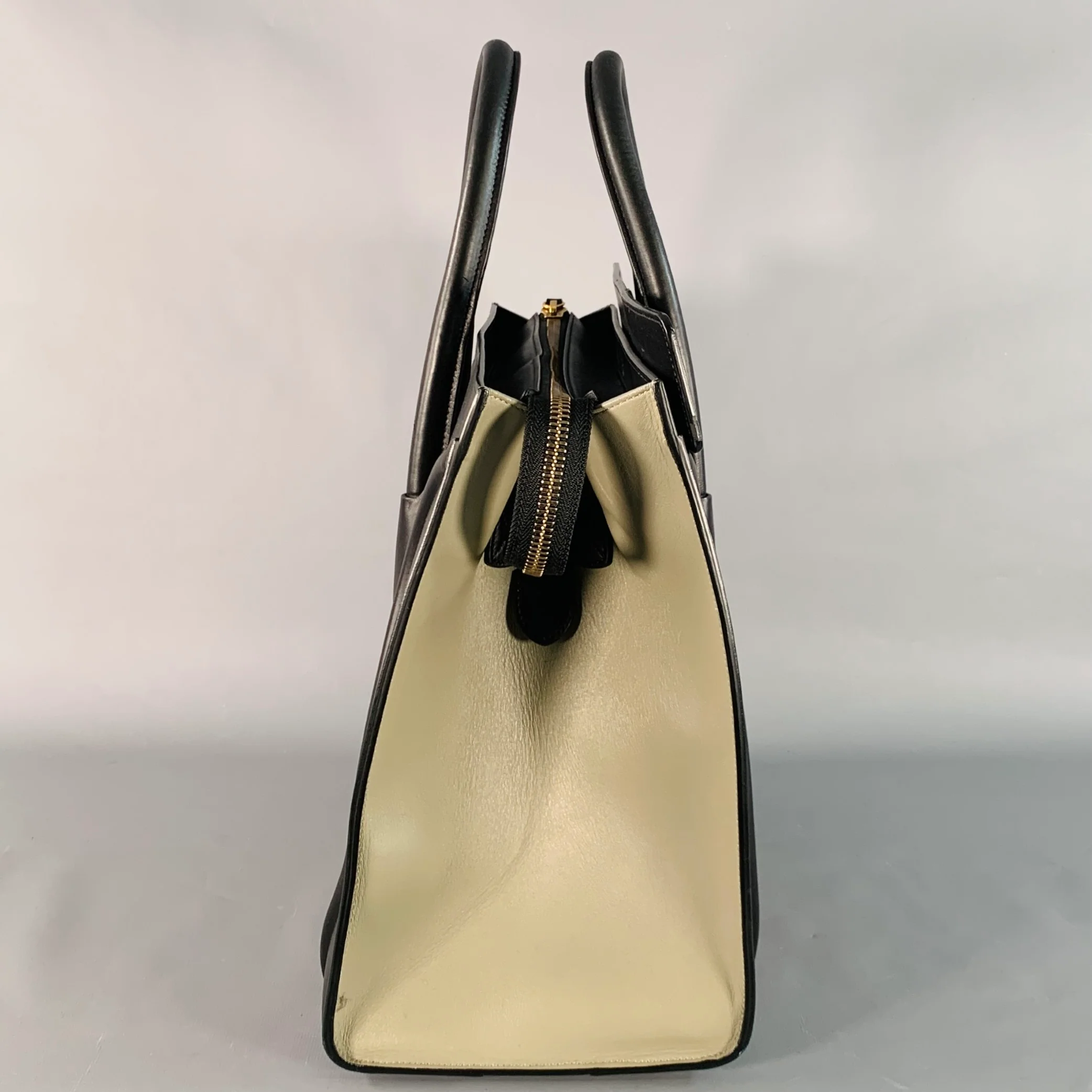 CELINE Brown Taupe Color Block Leather Tote Handbag - Image 6