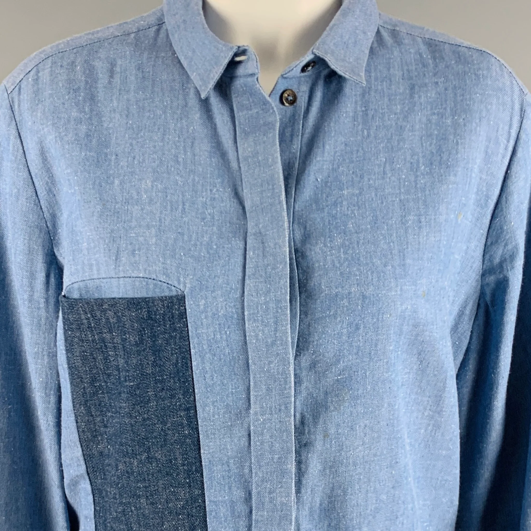 CELINE by PHOEBE PHILO Size L Blue Navy Cotton Blend Patchwork Shirt Dress - Image 2