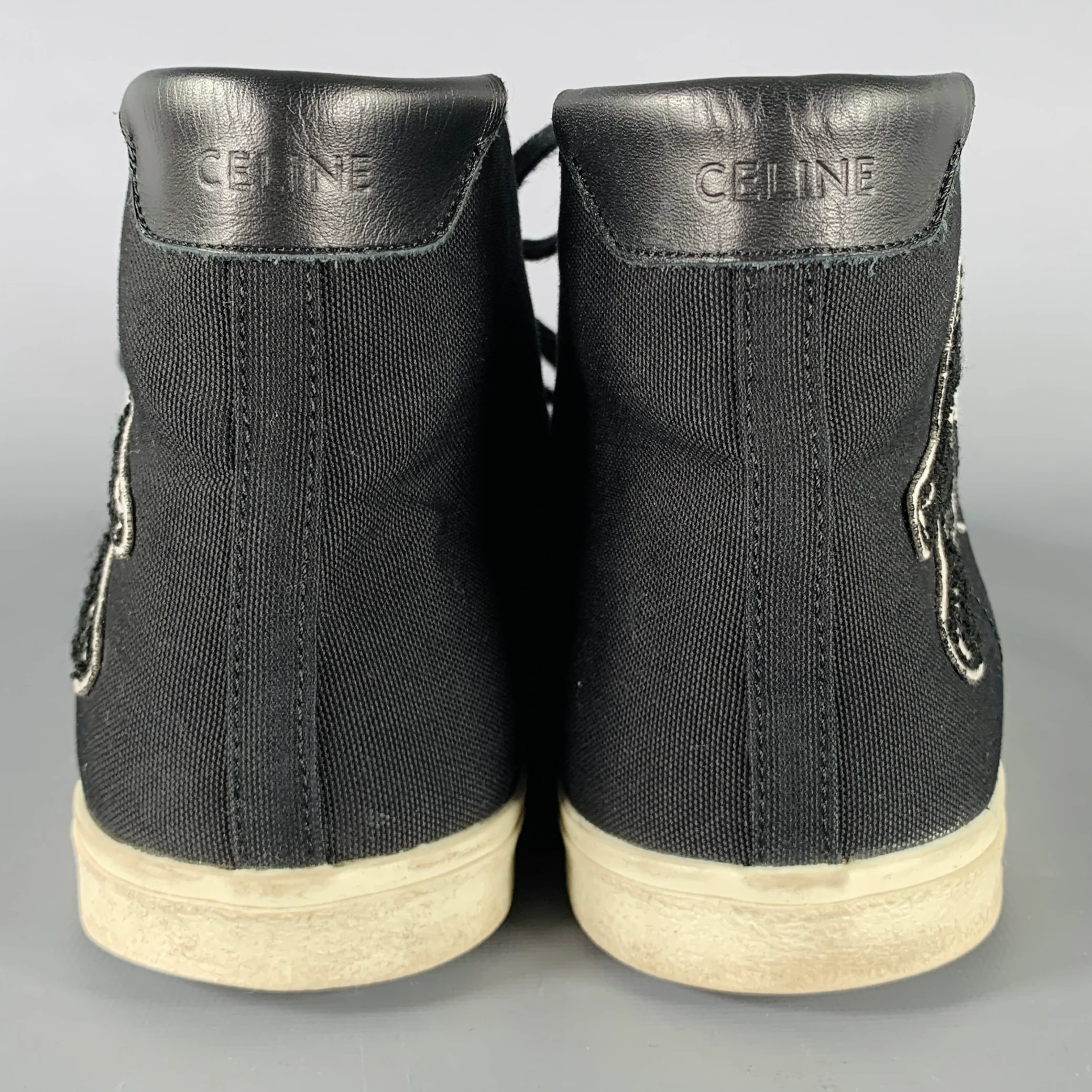 CELINE Size 10 Black White Applique Canvas High Top Sneakers - Image 3