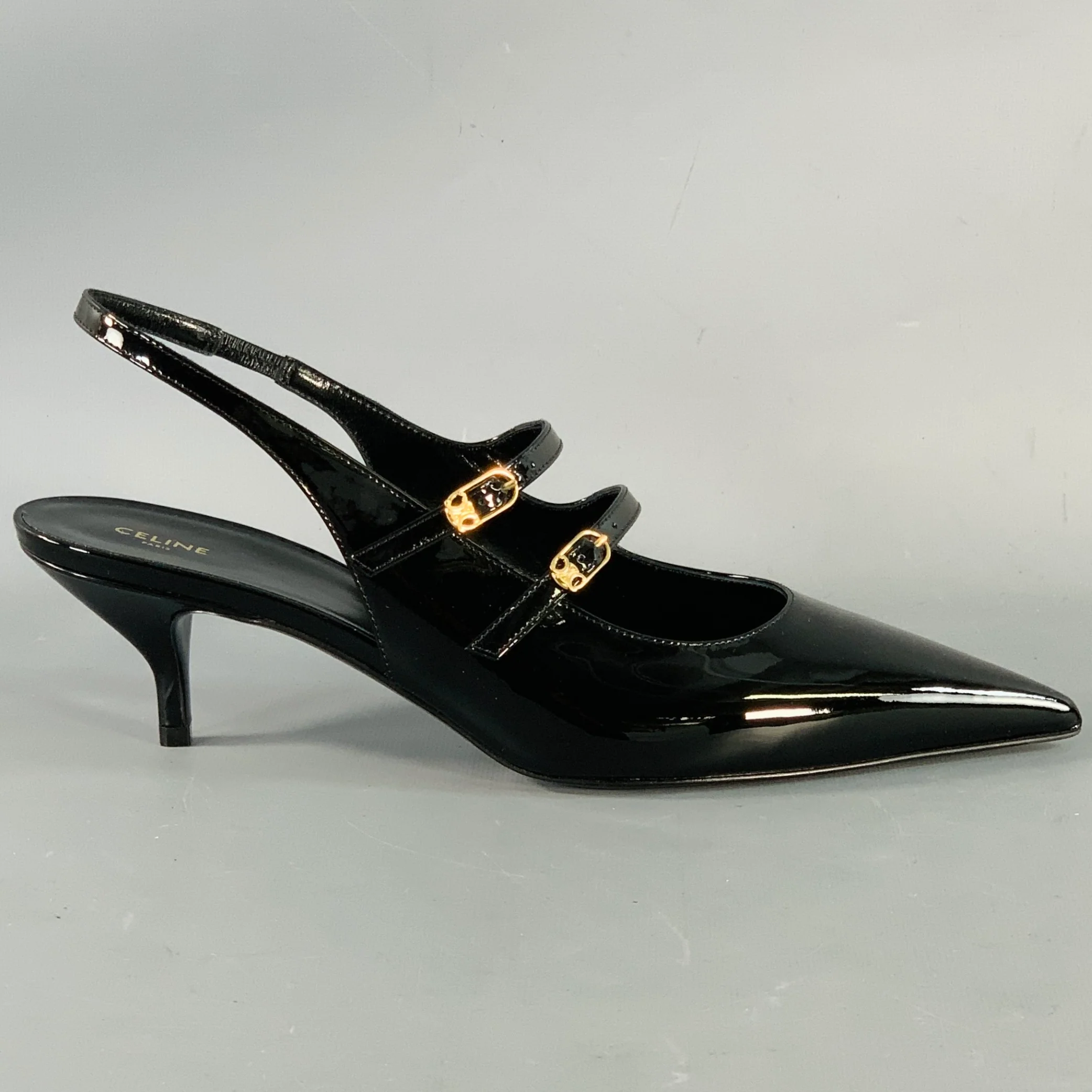 CELINE Size 12 Judy Black Patent Leather Slingback Kitten Heel Pumps - Image 2