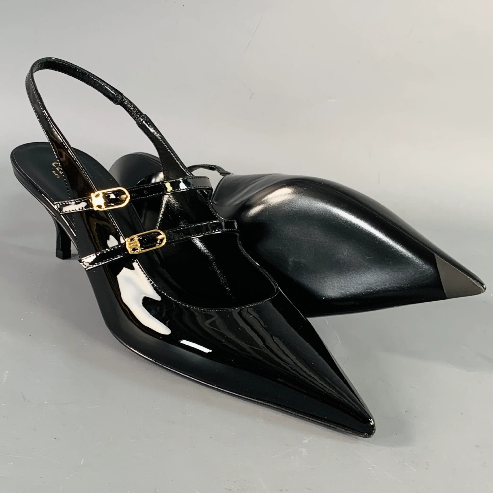 CELINE Size 12 Judy Black Patent Leather Slingback Kitten Heel Pumps - Image 5