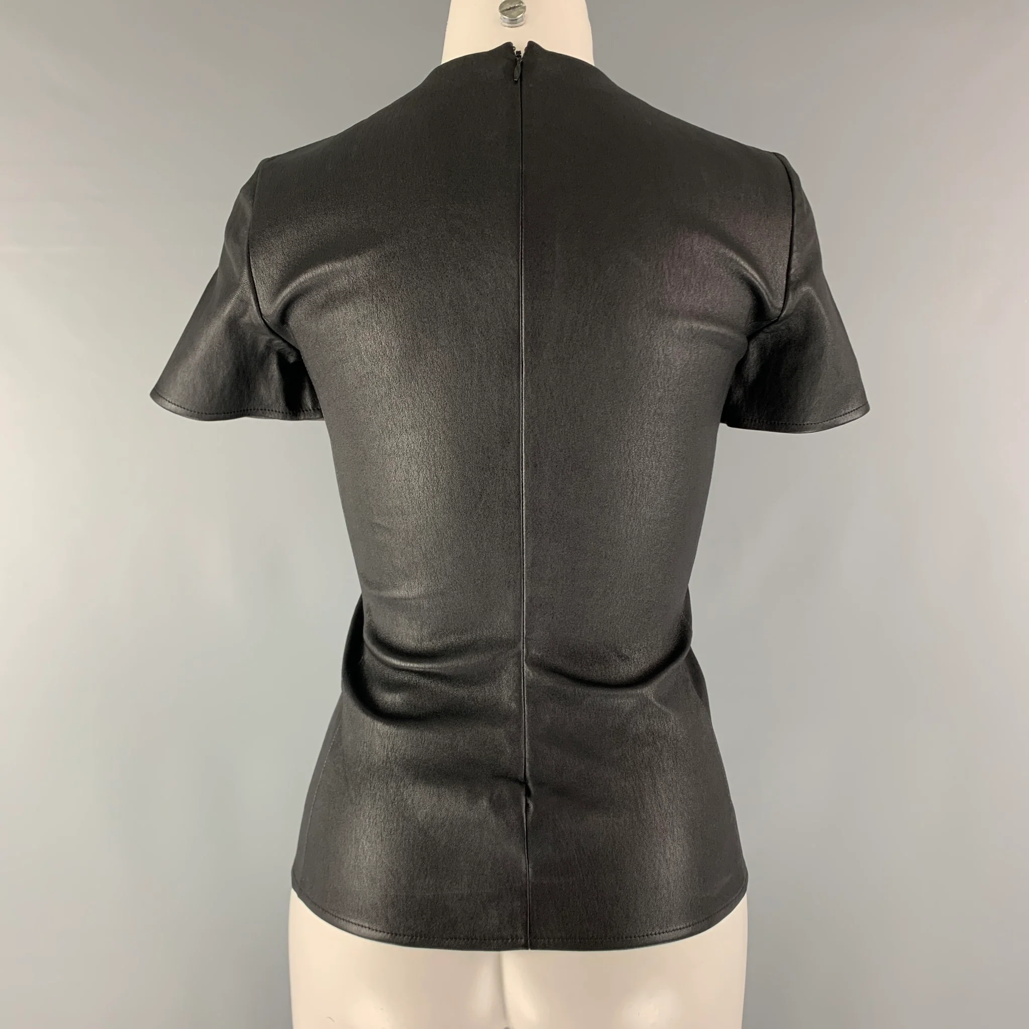 CELINE Size 4 Black Lamb Skin Short Sleeve Casual Top - Image 3