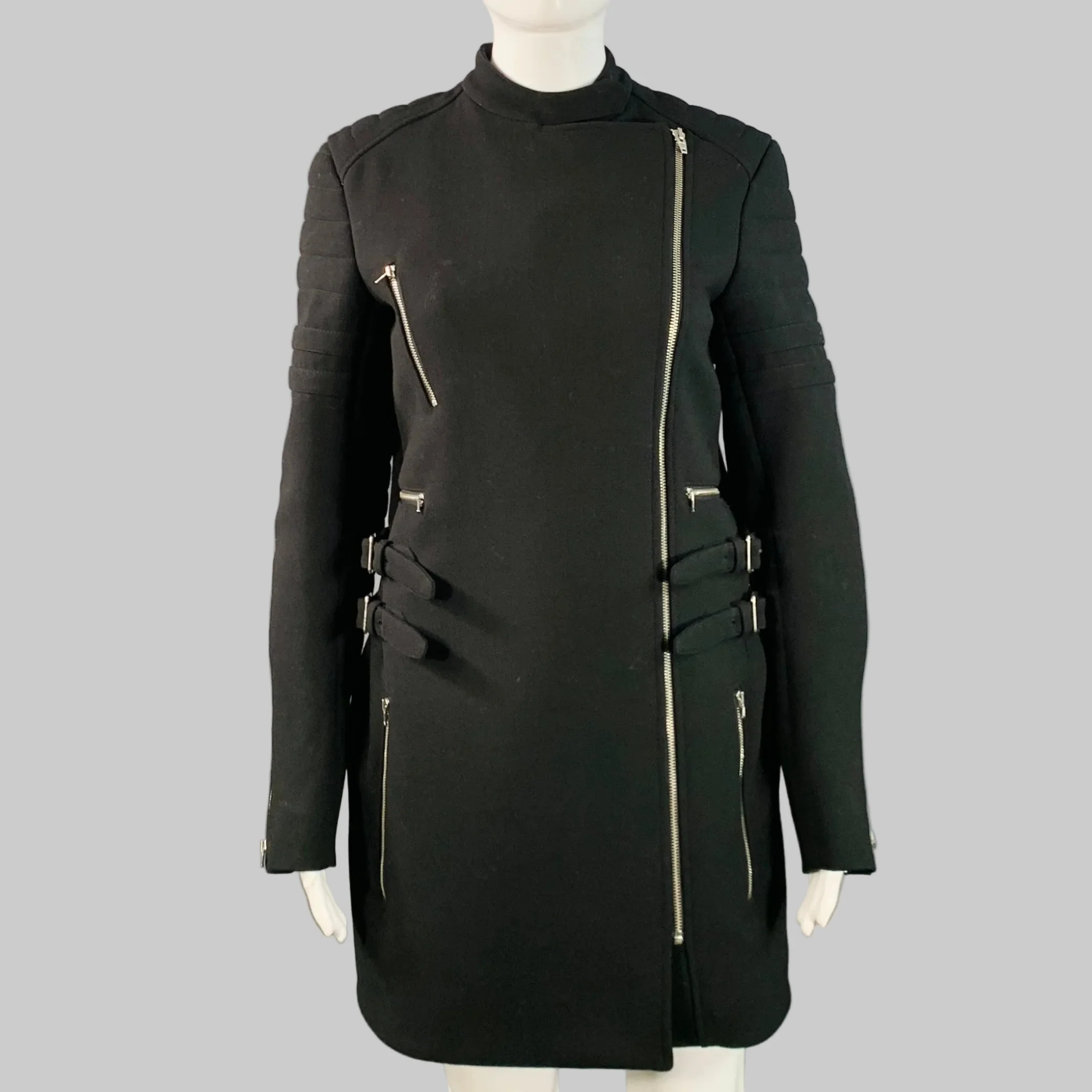 CELINE Size 4 Black Wool Zippers Detail Bondage Coat