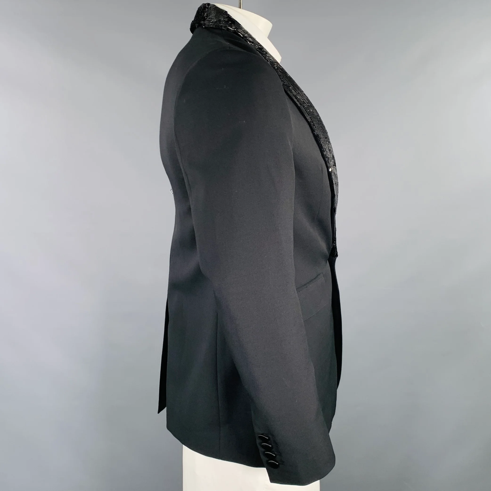 CELINE Size 40 Black Sequined Wool Mohair Shawl Collar Sport Coat - Image 3