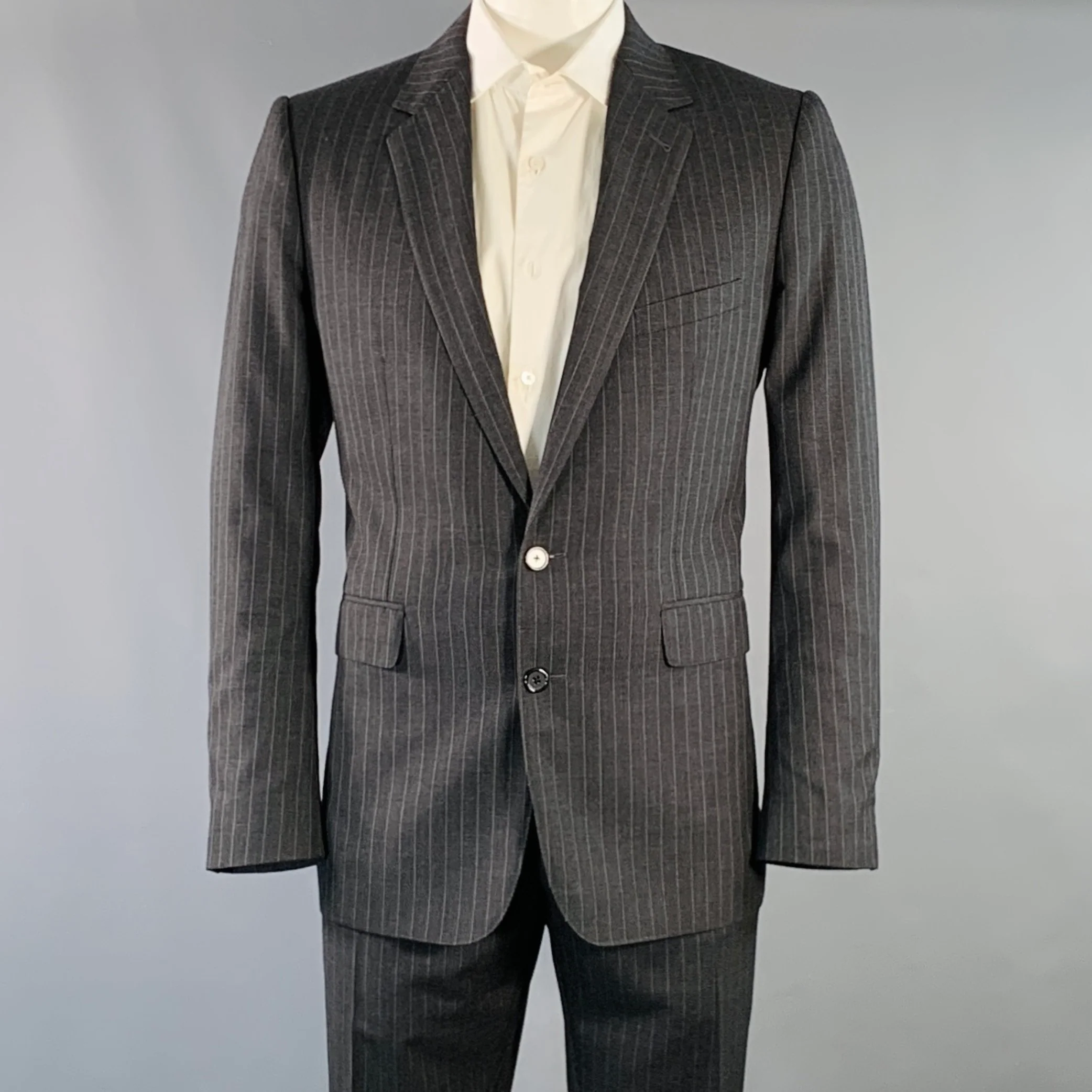 CELINE Size 44 Regular Grey Charcoal Stripe Wool Polyester Suit
