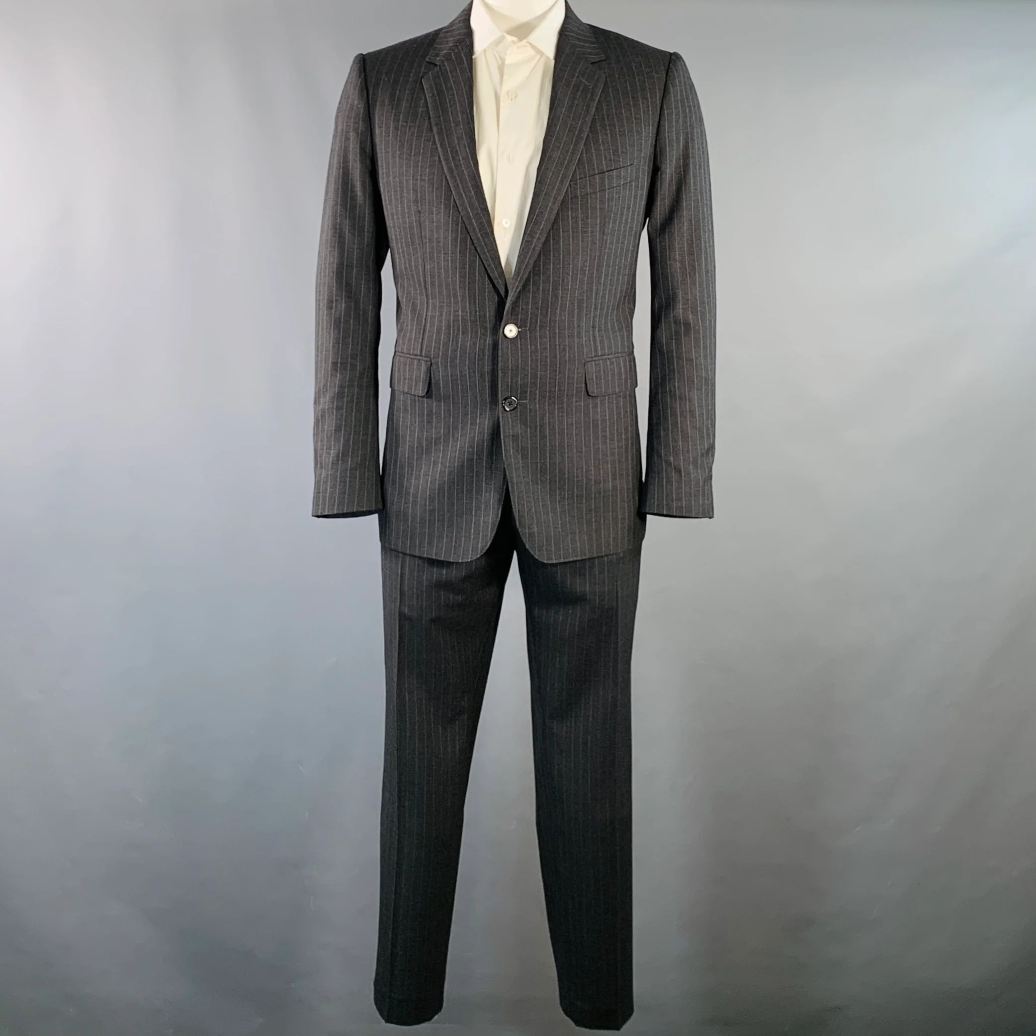 CELINE Size 44 Regular Grey Charcoal Stripe Wool Polyester Suit - Image 2