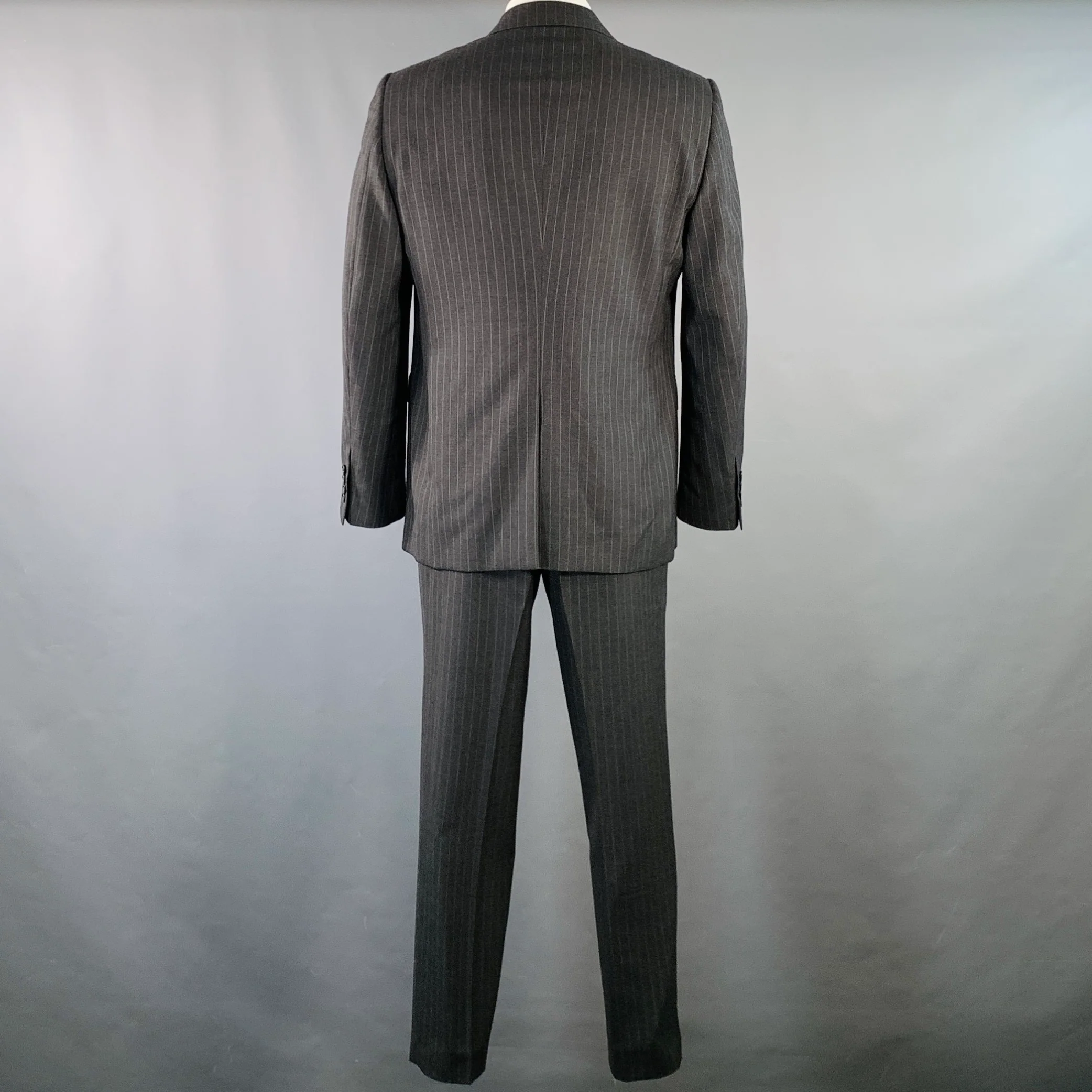 CELINE Size 44 Regular Grey Charcoal Stripe Wool Polyester Suit - Image 3