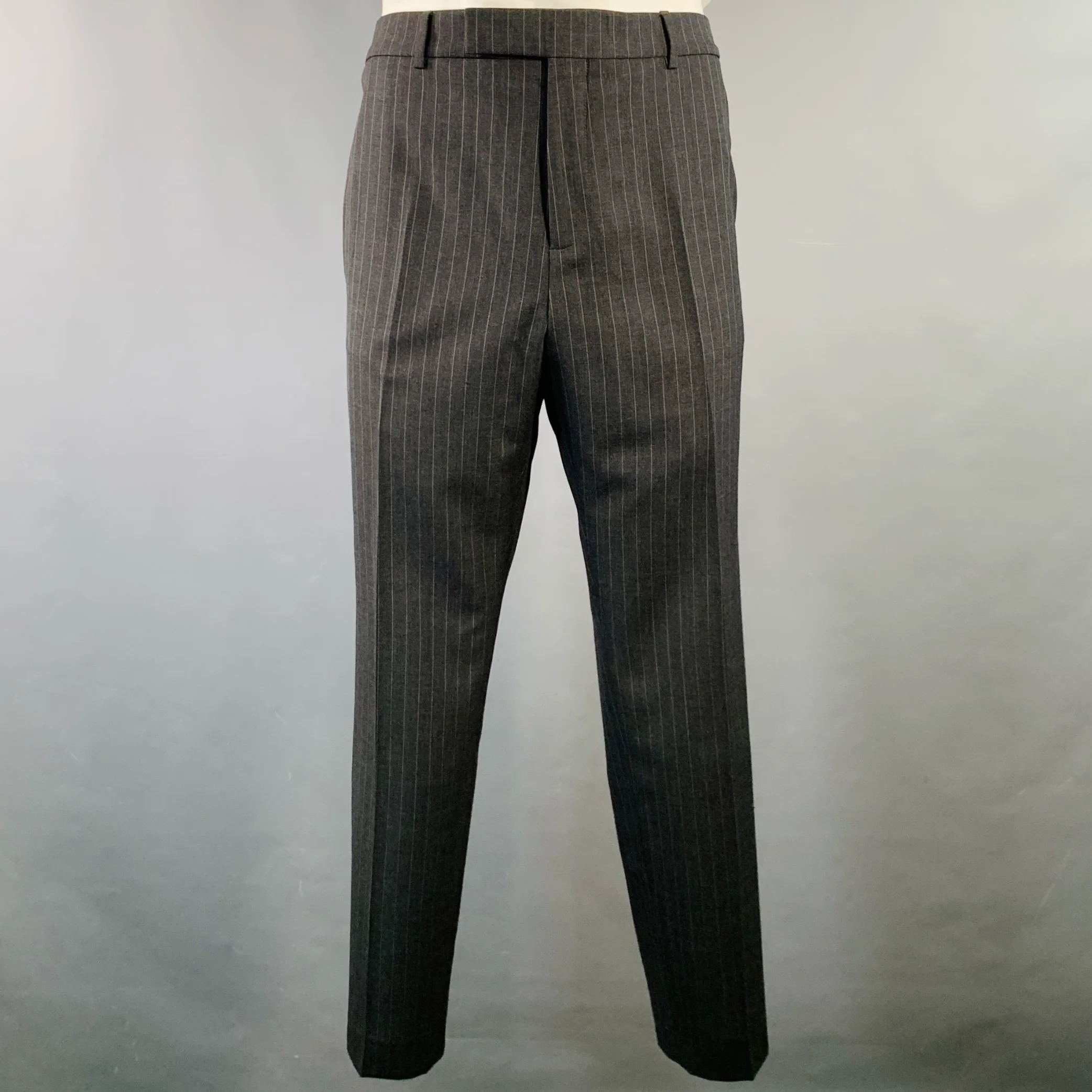 CELINE Size 44 Regular Grey Charcoal Stripe Wool Polyester Suit - Image 4