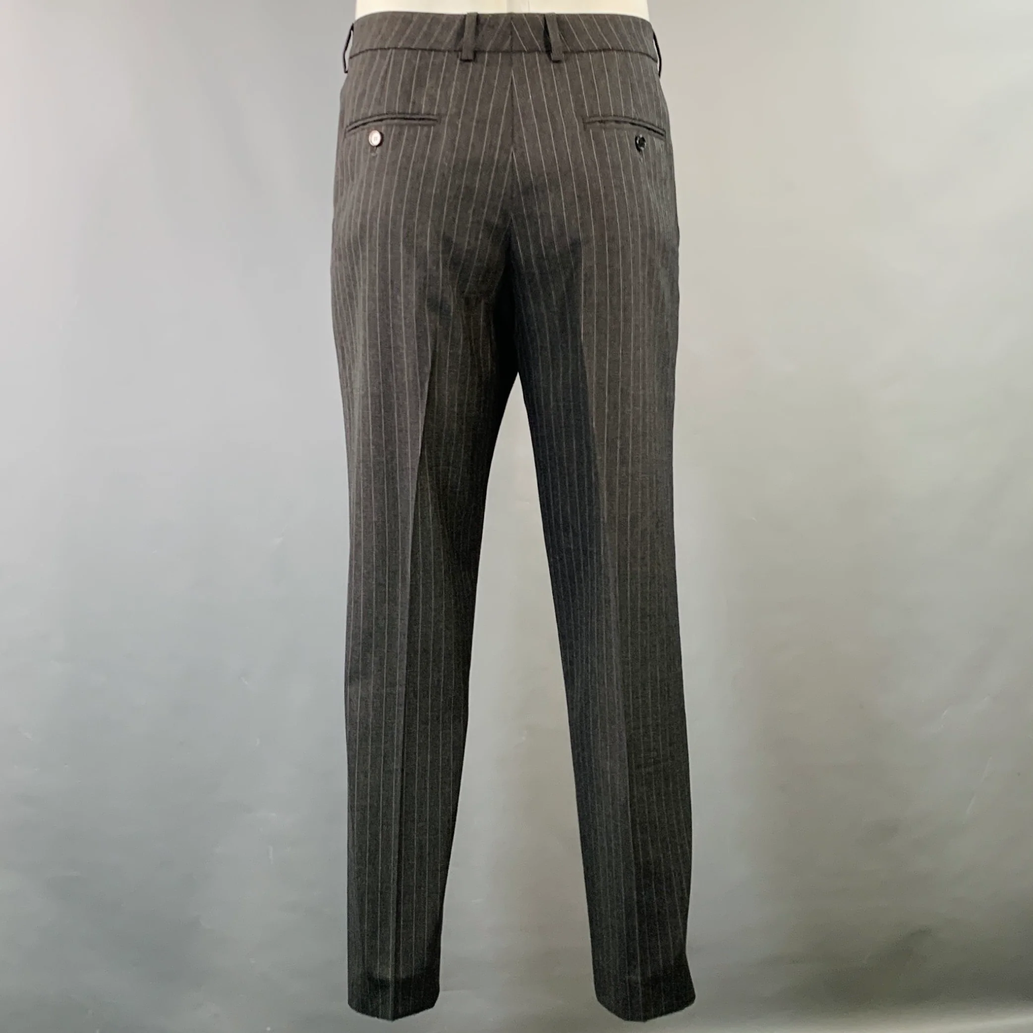 CELINE Size 44 Regular Grey Charcoal Stripe Wool Polyester Suit - Image 5