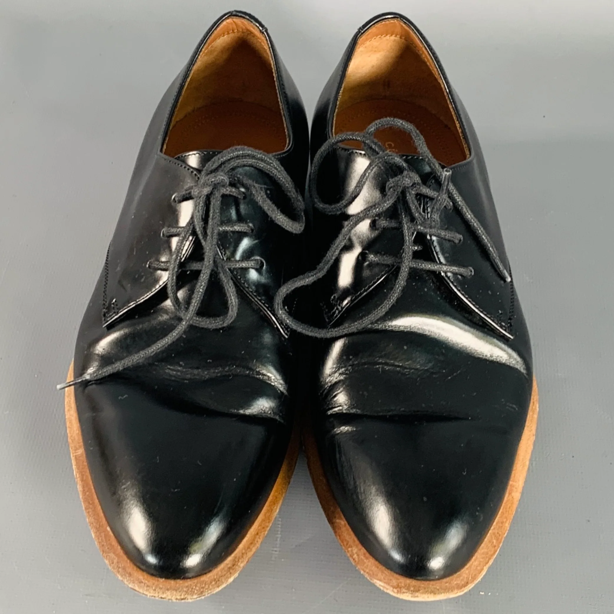 CELINE Size 5.5 Black Brown Leather Derby Almond Toe Lace-Up Shoes - Image 4
