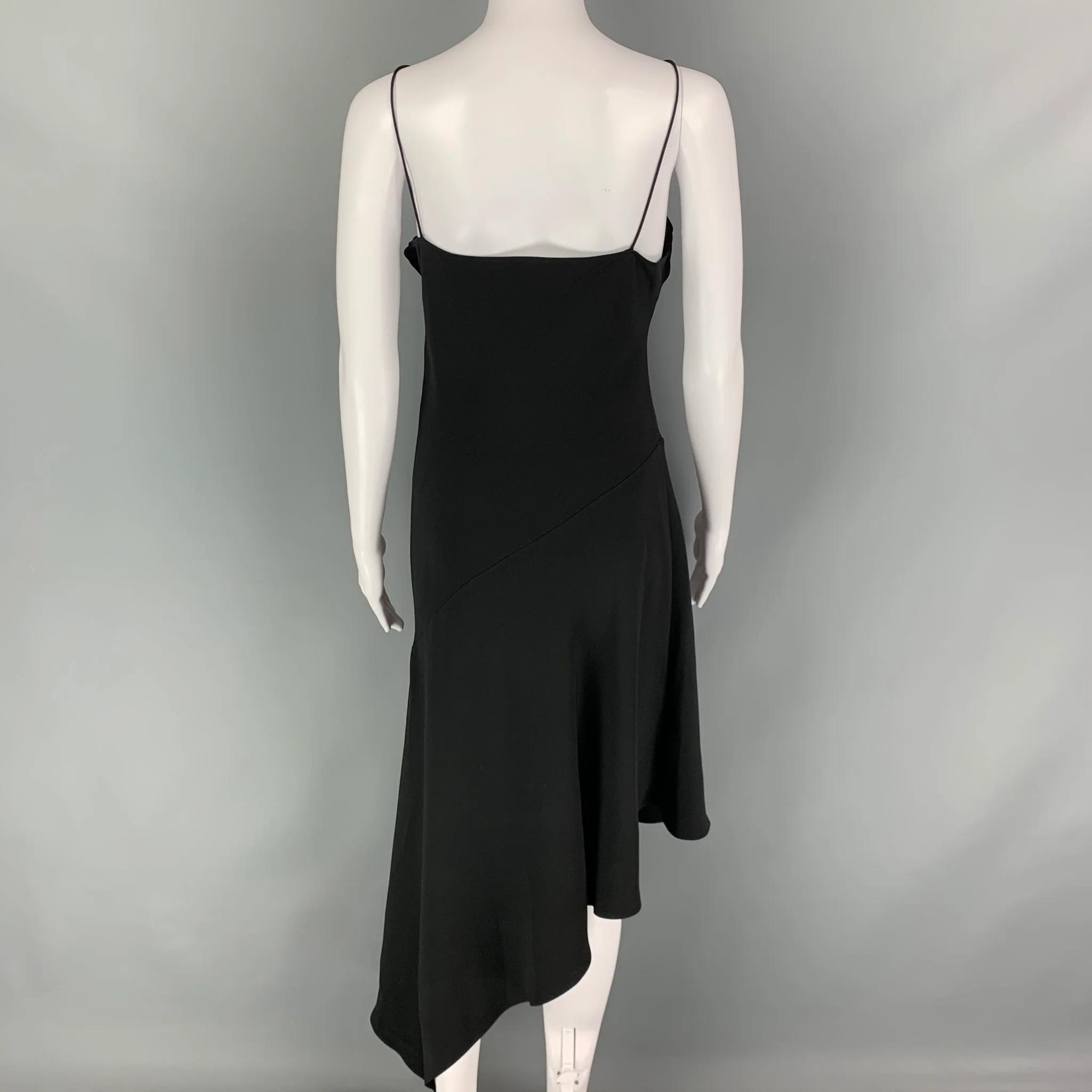 CELINE Size 6 Black Silk Spaghetti Straps Mid-Calf Cocktail Dress - Image 3