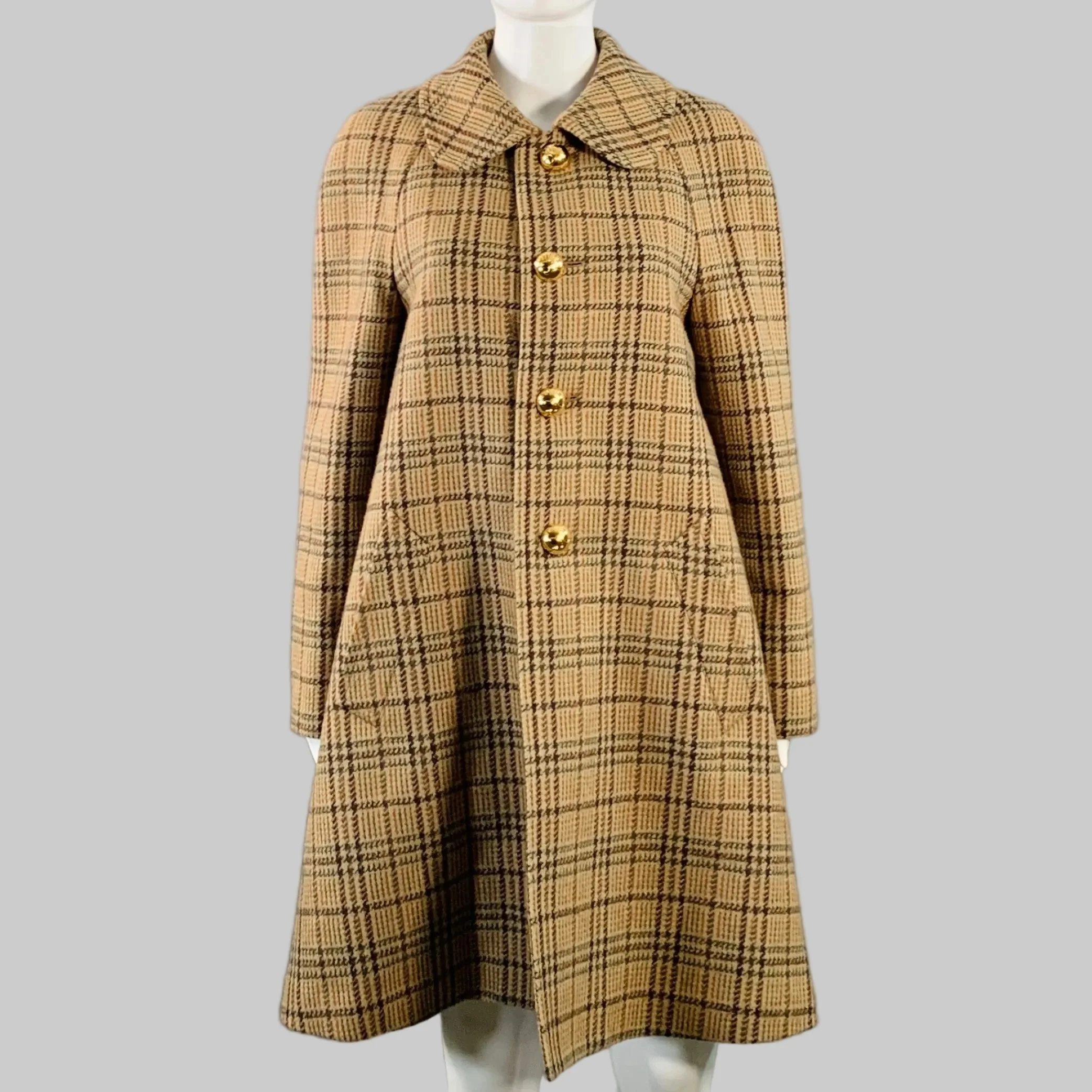 CELINE Size 6 Khaki Brown Olive Wool Blend Plaid Raglan Sleeve Coat