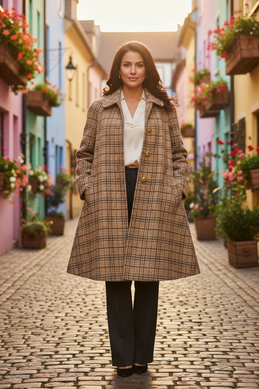 CELINE Size 6 Khaki Brown Olive Wool Blend Plaid Raglan Sleeve Coat - Image 2