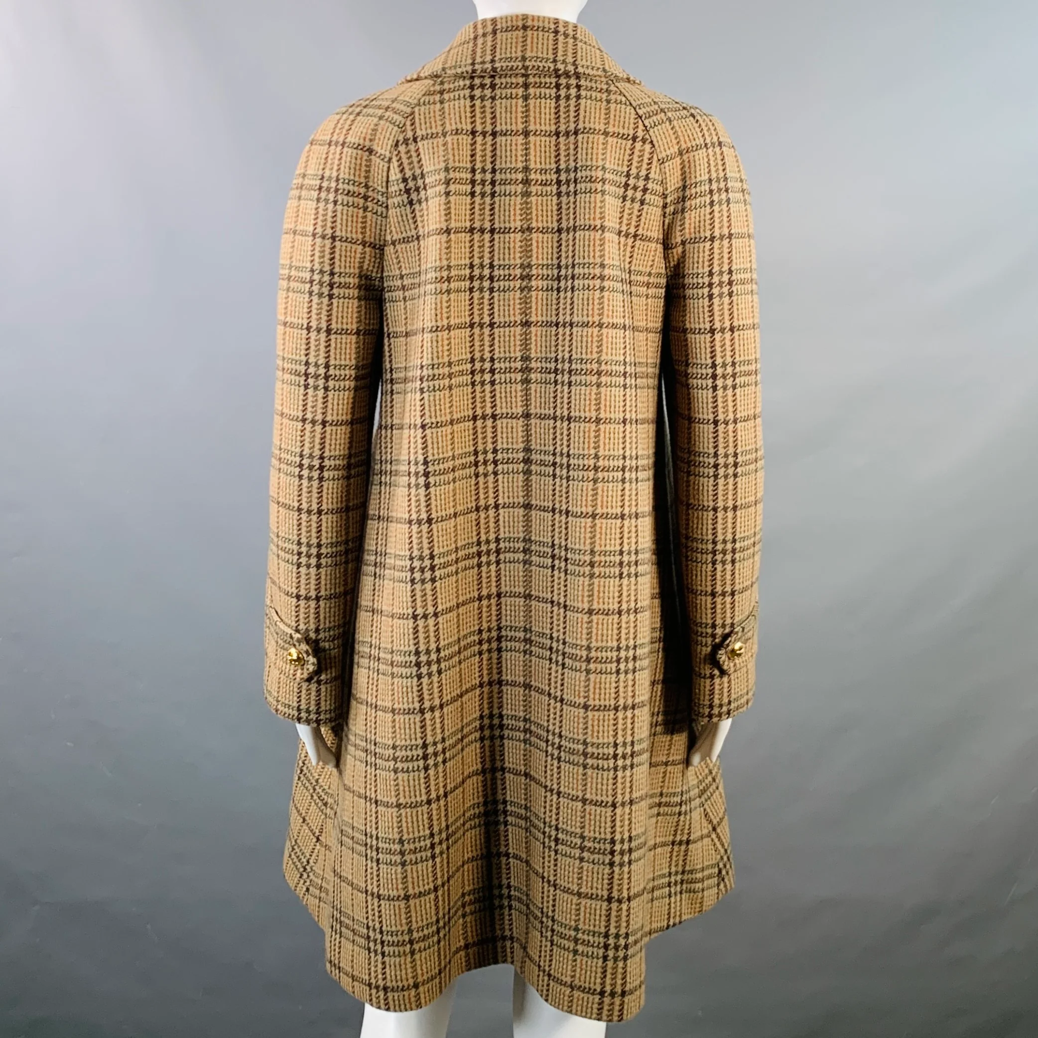 CELINE Size 6 Khaki Brown Olive Wool Blend Plaid Raglan Sleeve Coat - Image 6