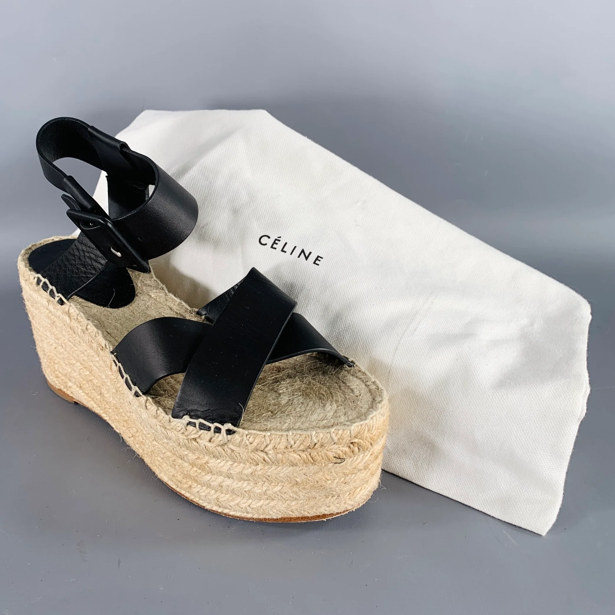 CELINE Size 7 Black Natural Leather Espadrille Sandals - Image 9