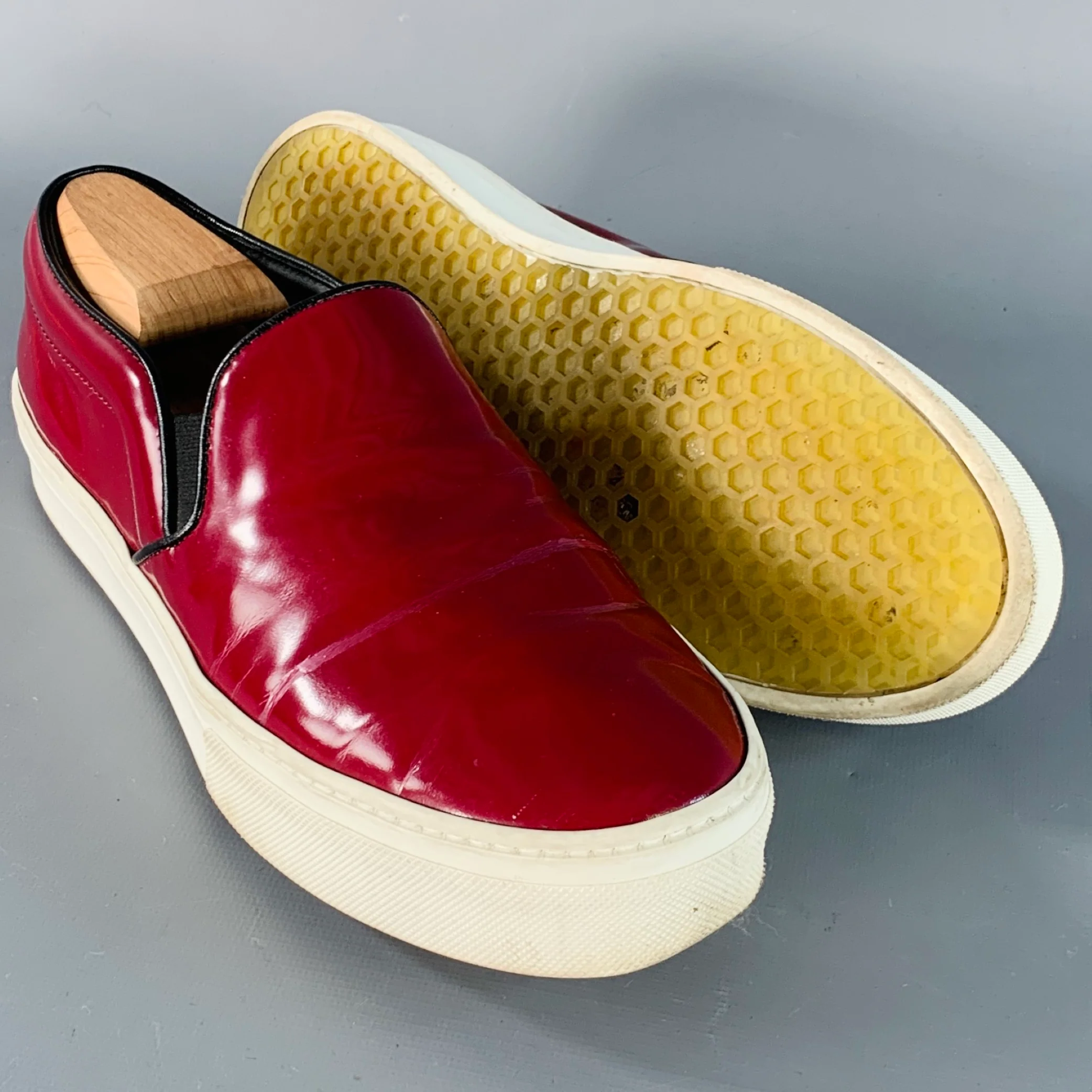 CELINE Size 8.5 Burgundy White Patent Leather Slip On Sneakers - Image 5