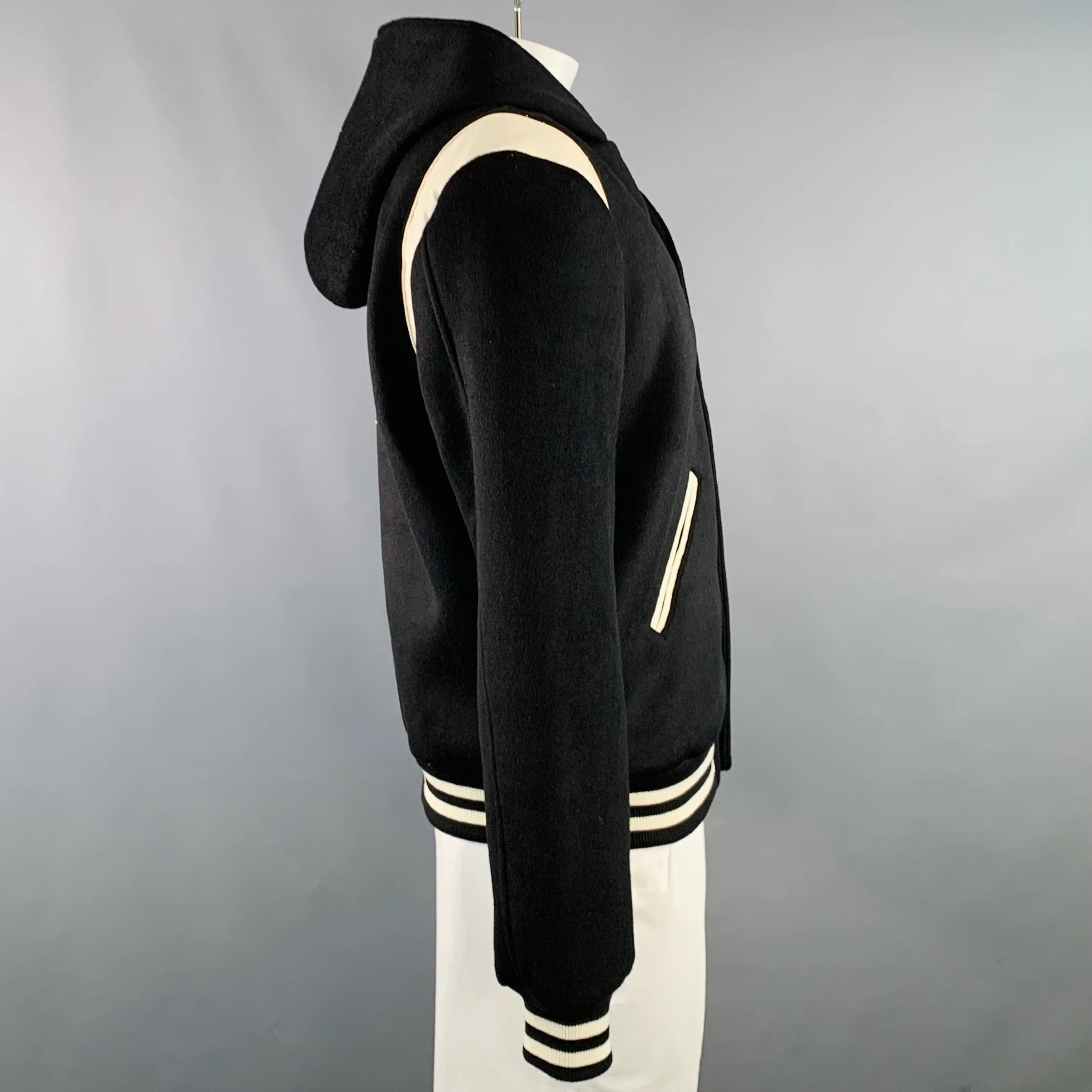 CELINE Size L Black White Patch Cotton Hooded Varsity Jacket - Image 3
