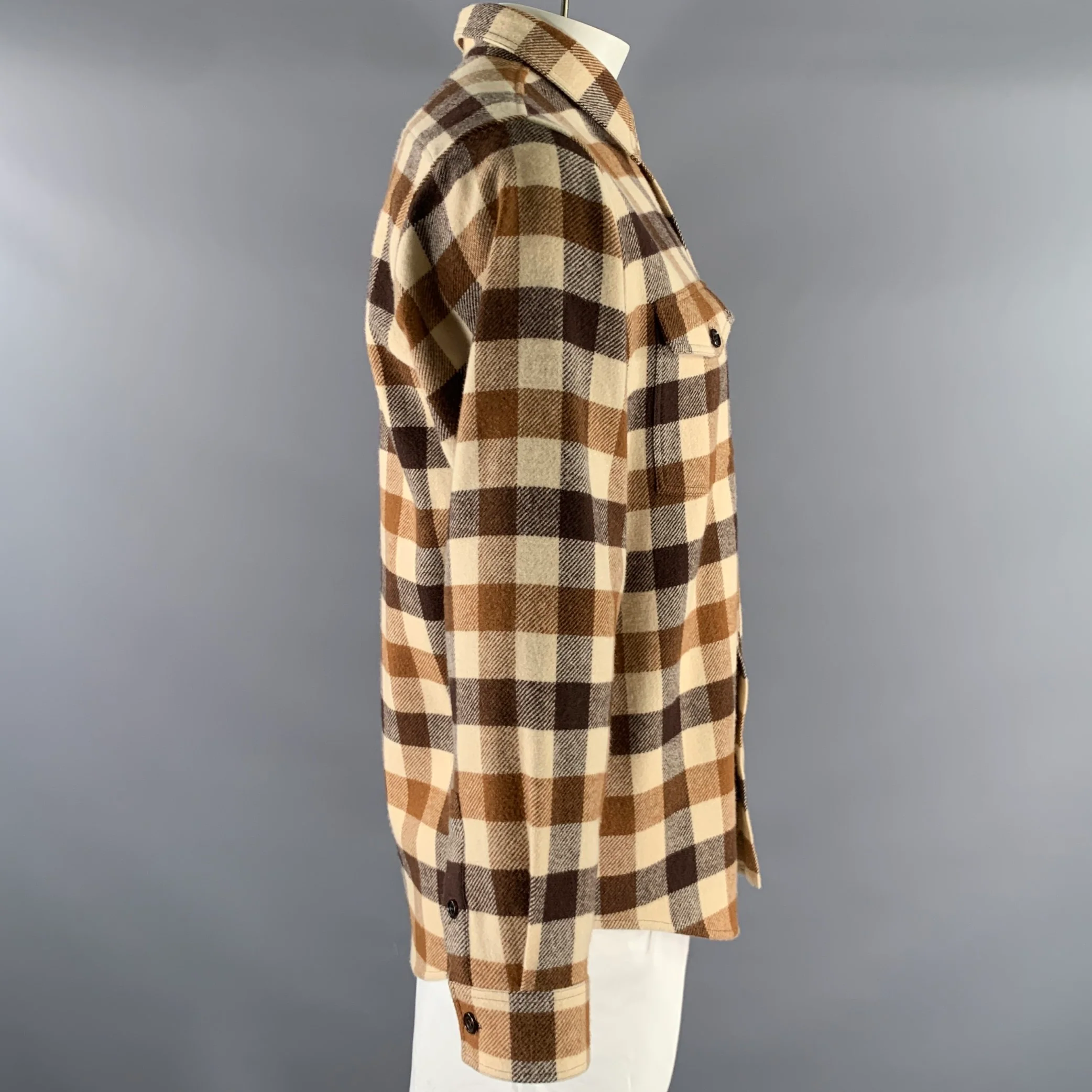 CELINE Size M Brown Camel Buffalo Plaid Wool Blend Shirt Jacket - Image 3
