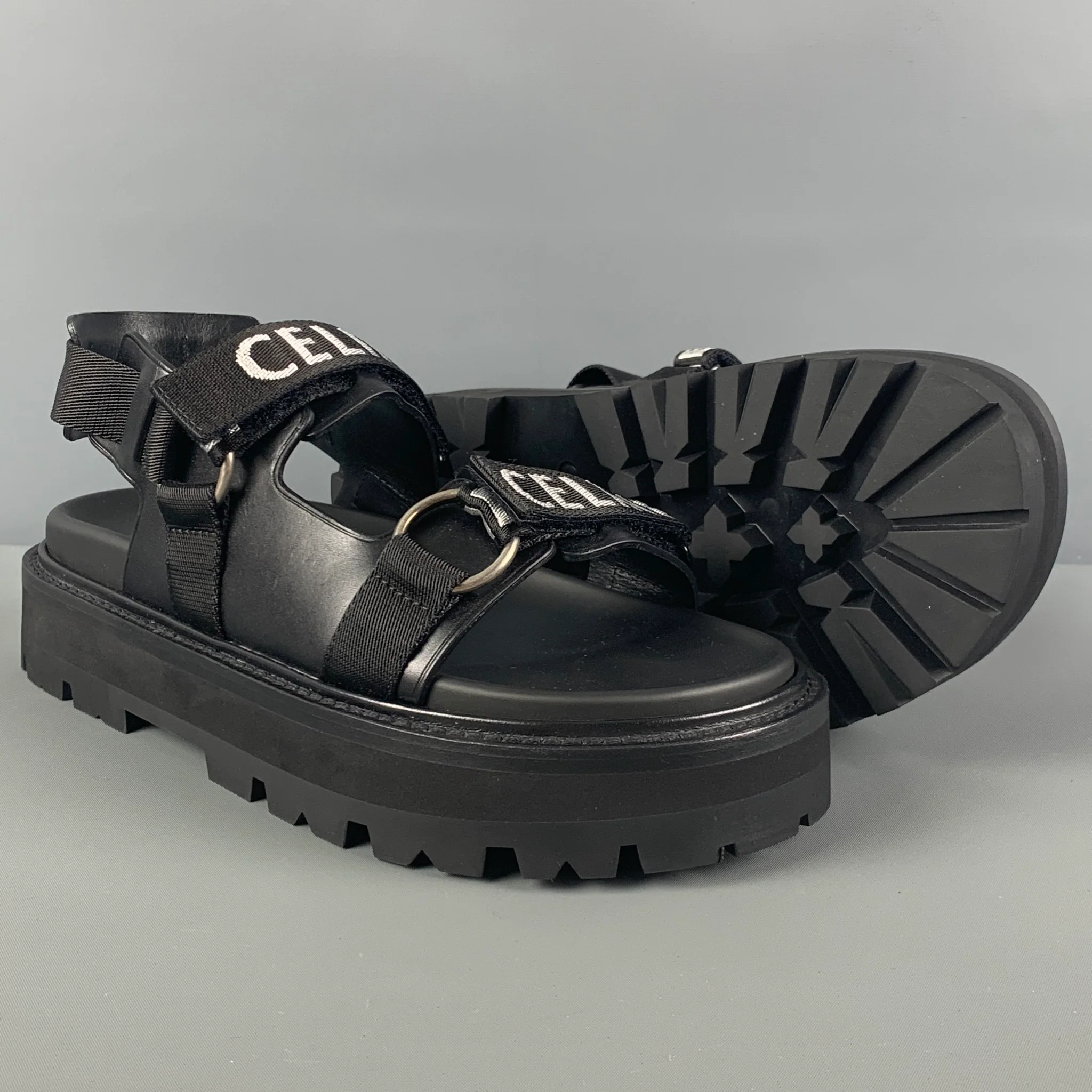 CELINE Spring 22 Size 10 Black White Leather Bulky Sandal 45 - Image 3