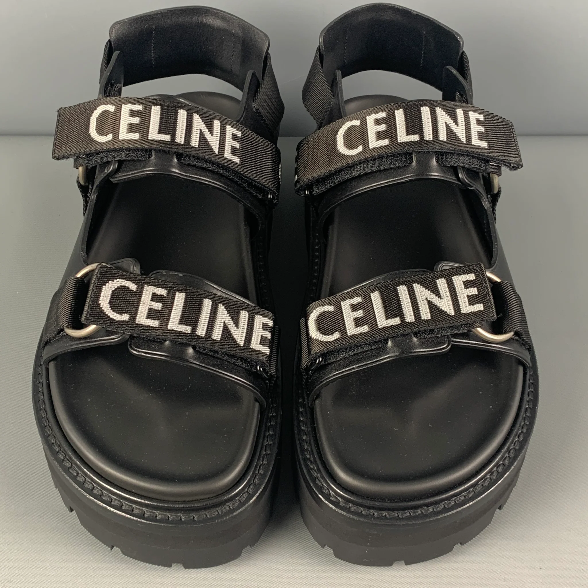 CELINE Spring 22 Size 10 Black White Leather Bulky Sandal 45 - Image 4