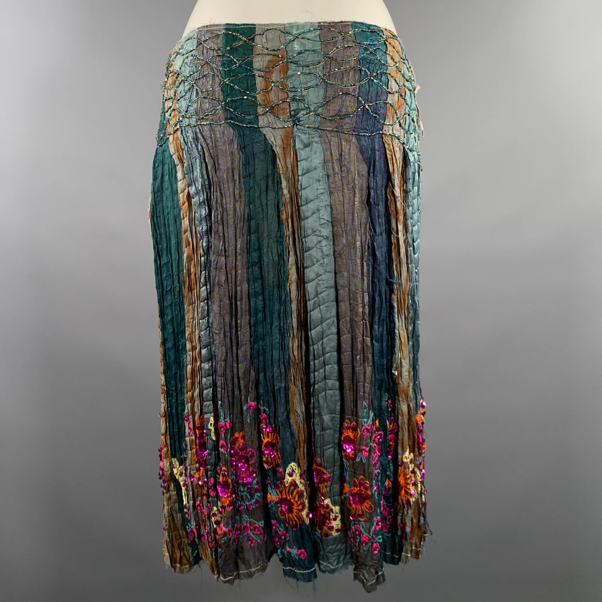 CHAN LUU Size M Teal Rust Silk Flower Knee Length Skirt - Image 3