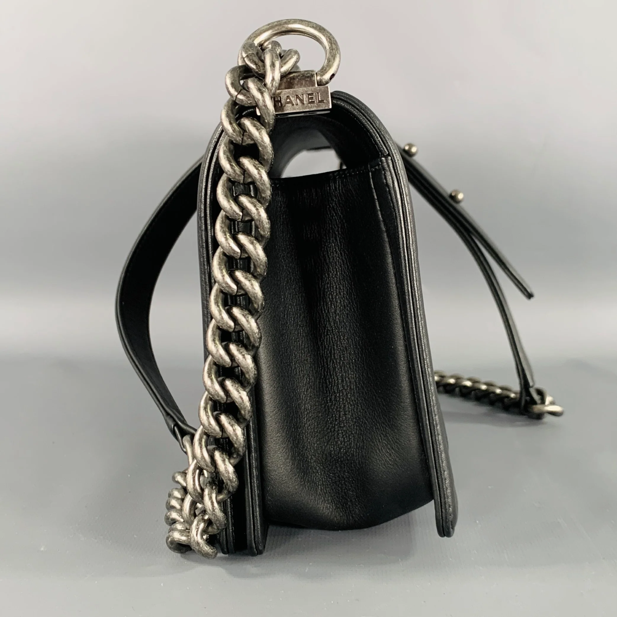 CHANEL 2019 Medium Boy Bag Black Quilted Leather Chain Handbag - Image 7