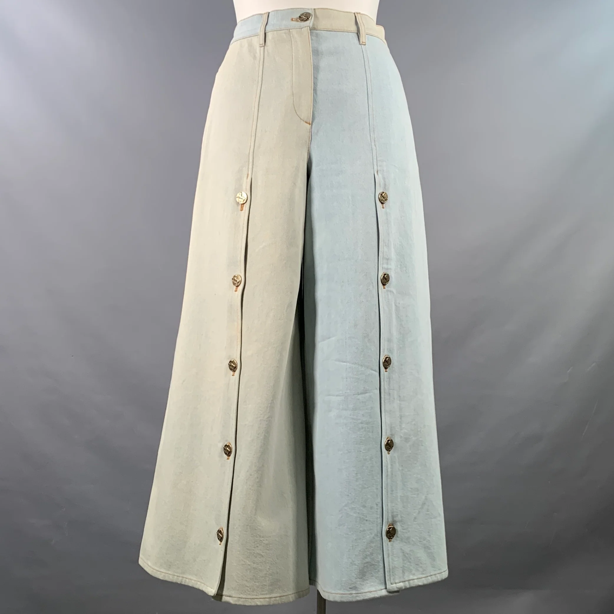 CHANEL Size 10 Blue Grey Cotton Button Up Wide Leg Casual Pants