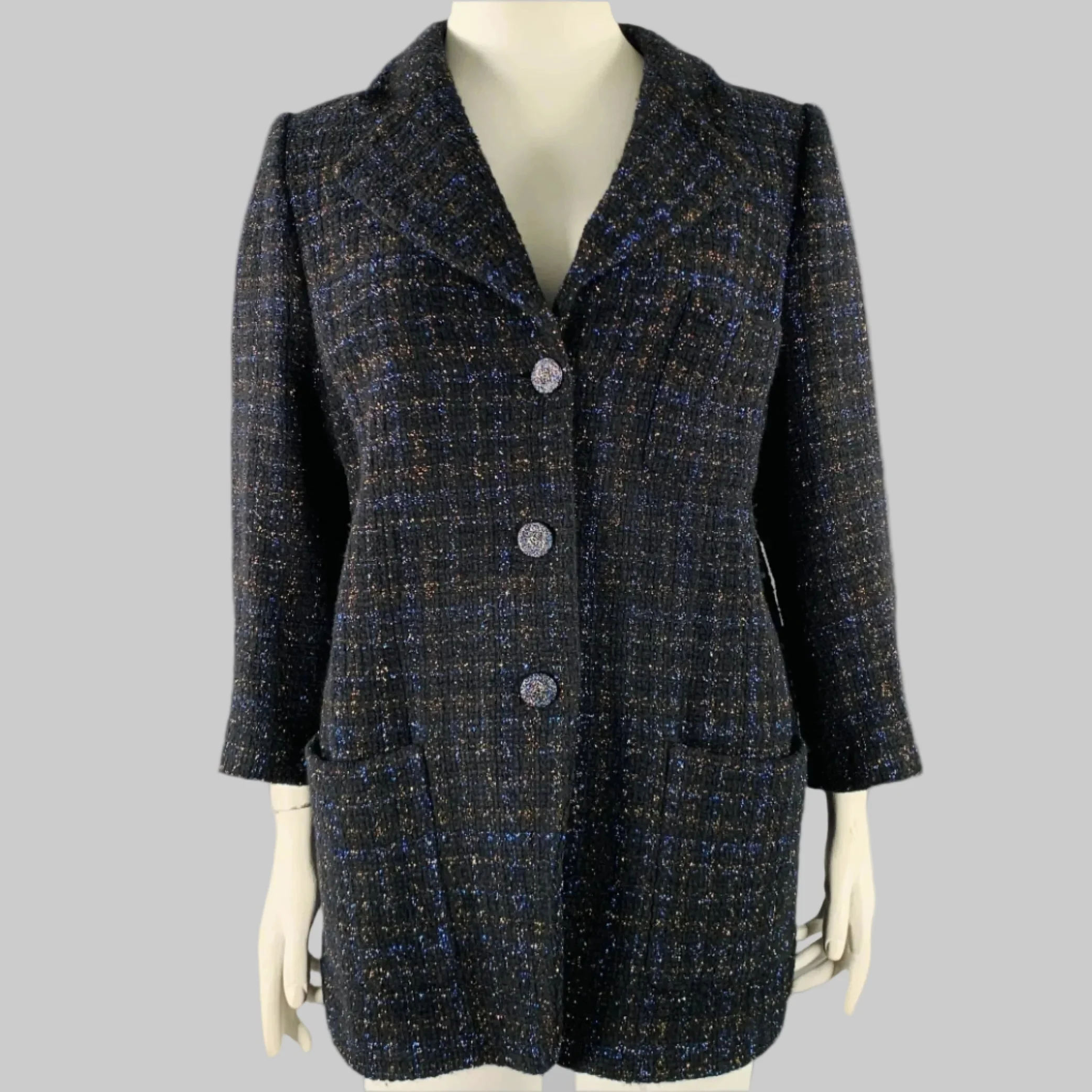 CHANEL Size 18 Black Navy Cotton Blend Shiny 3/4 Sleeves Coat
