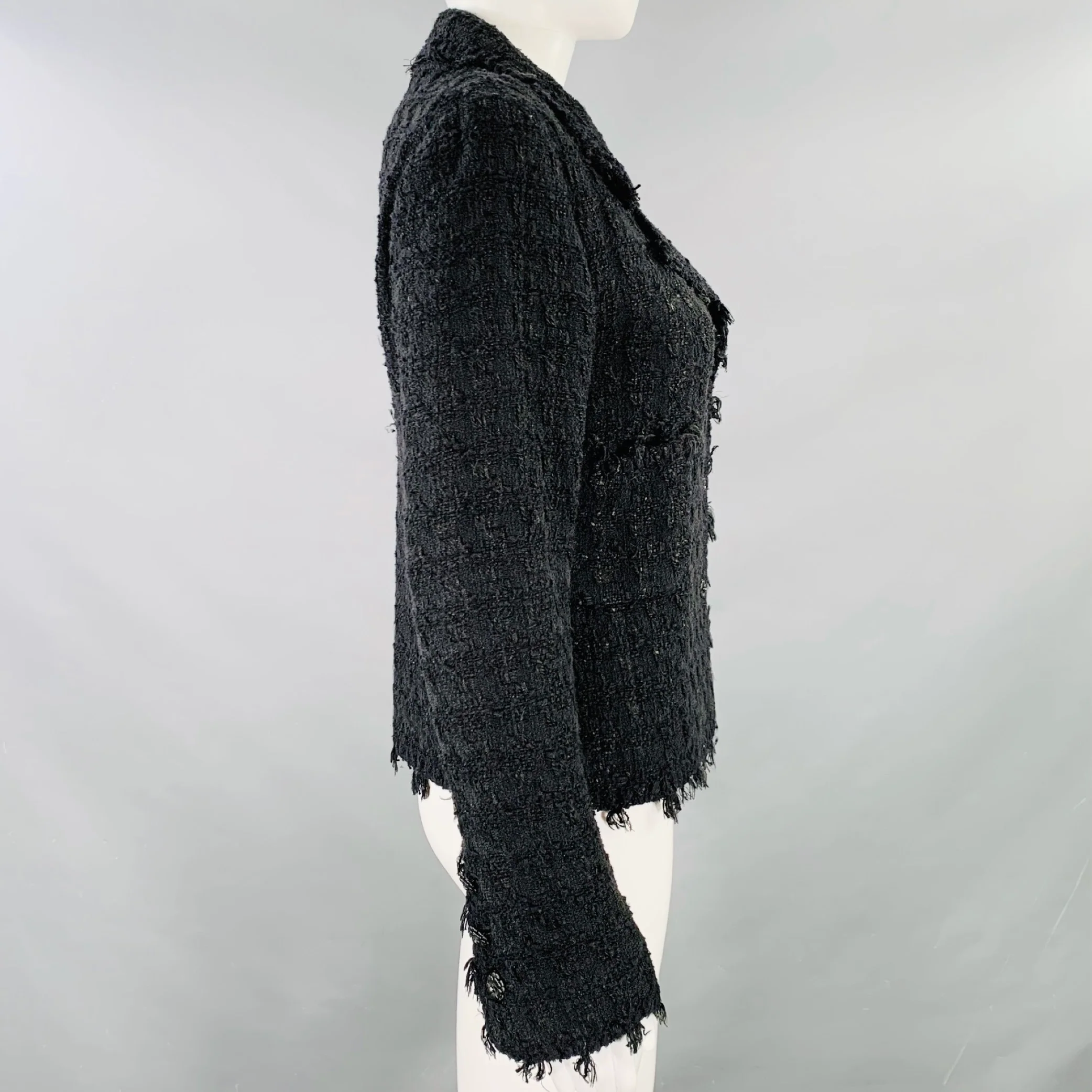 CHANEL Size 4 Black Cotton Blend Boucle Single Breasted Jacket Blazer - Image 2