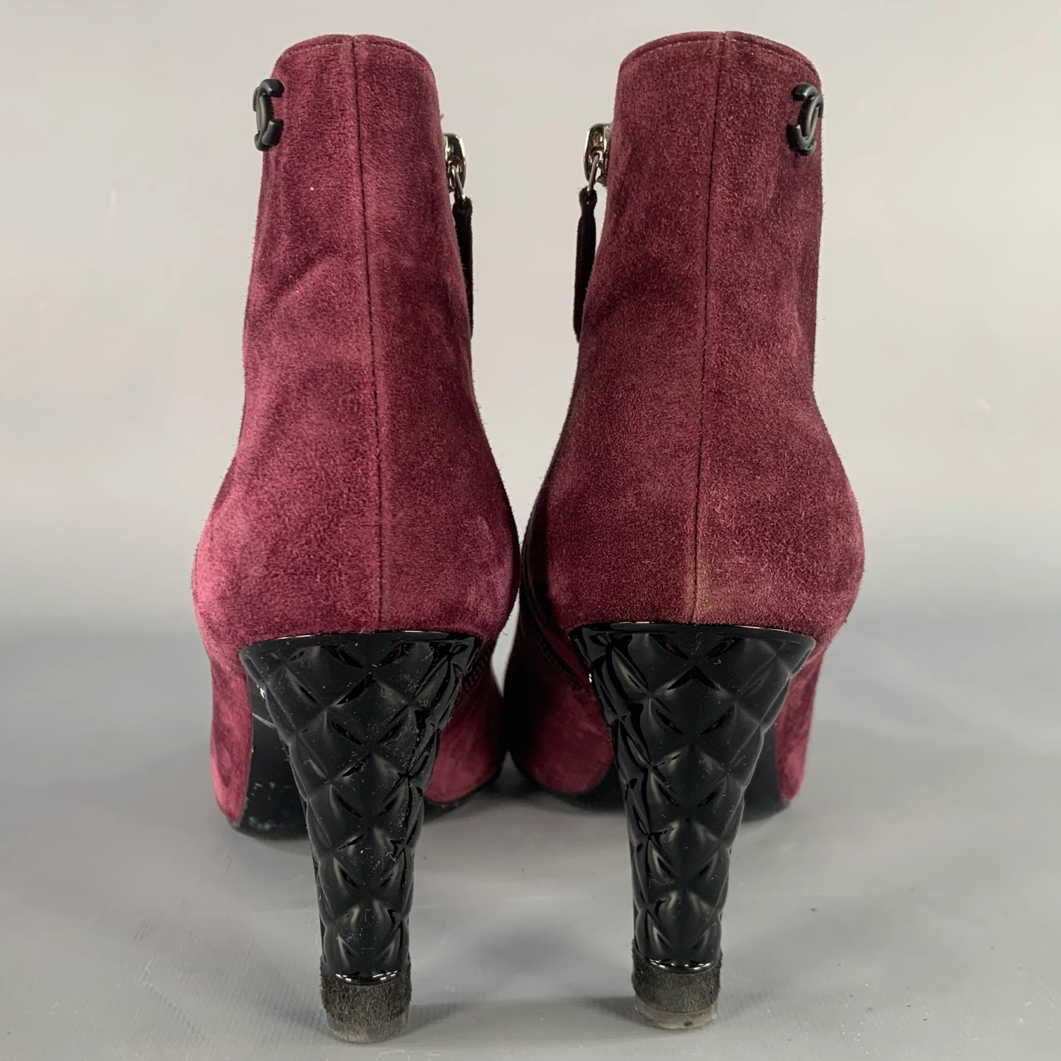 CHANEL Size 8.5 Burgundy Suede Peep Toe Side Zipper Ankle Boots - Image 3