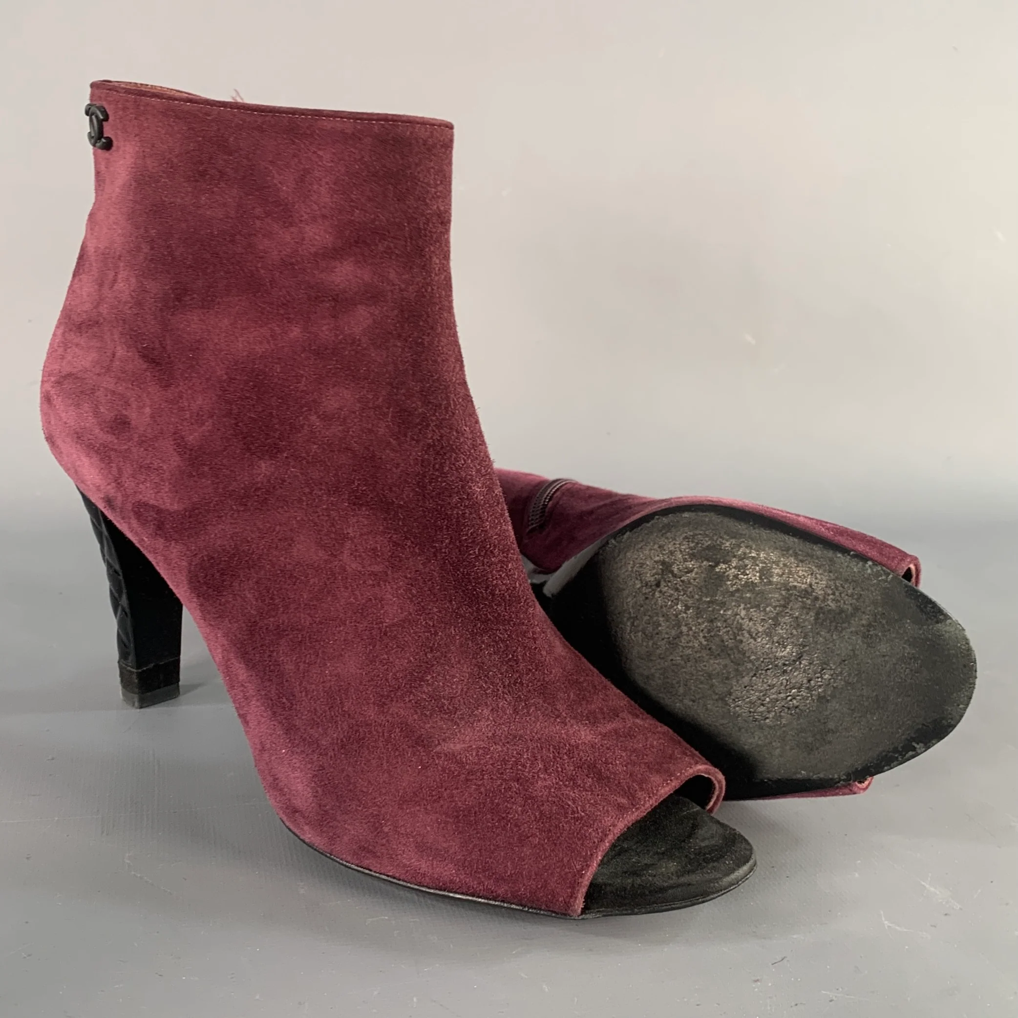CHANEL Size 8.5 Burgundy Suede Peep Toe Side Zipper Ankle Boots - Image 5
