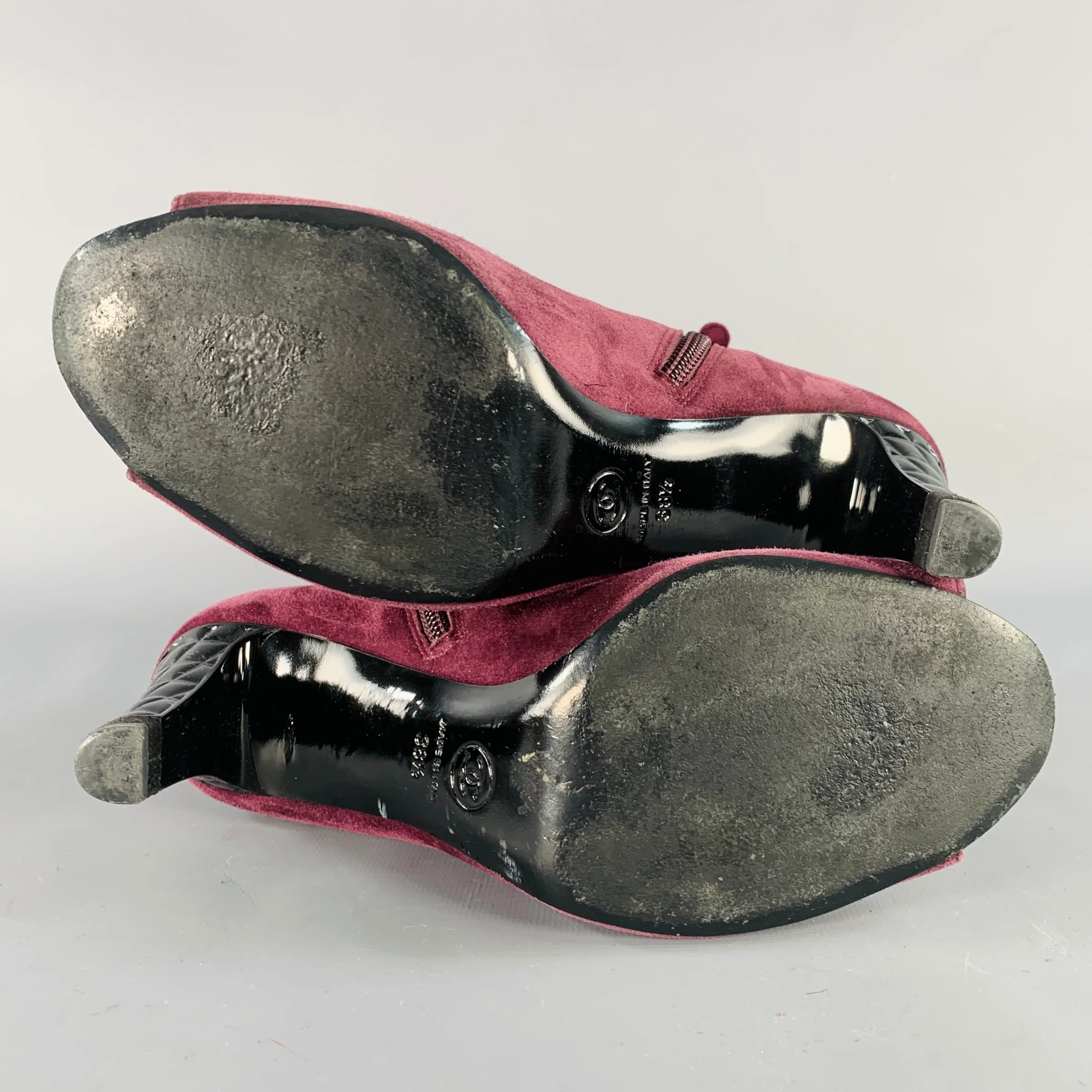 CHANEL Size 8.5 Burgundy Suede Peep Toe Side Zipper Ankle Boots - Image 6