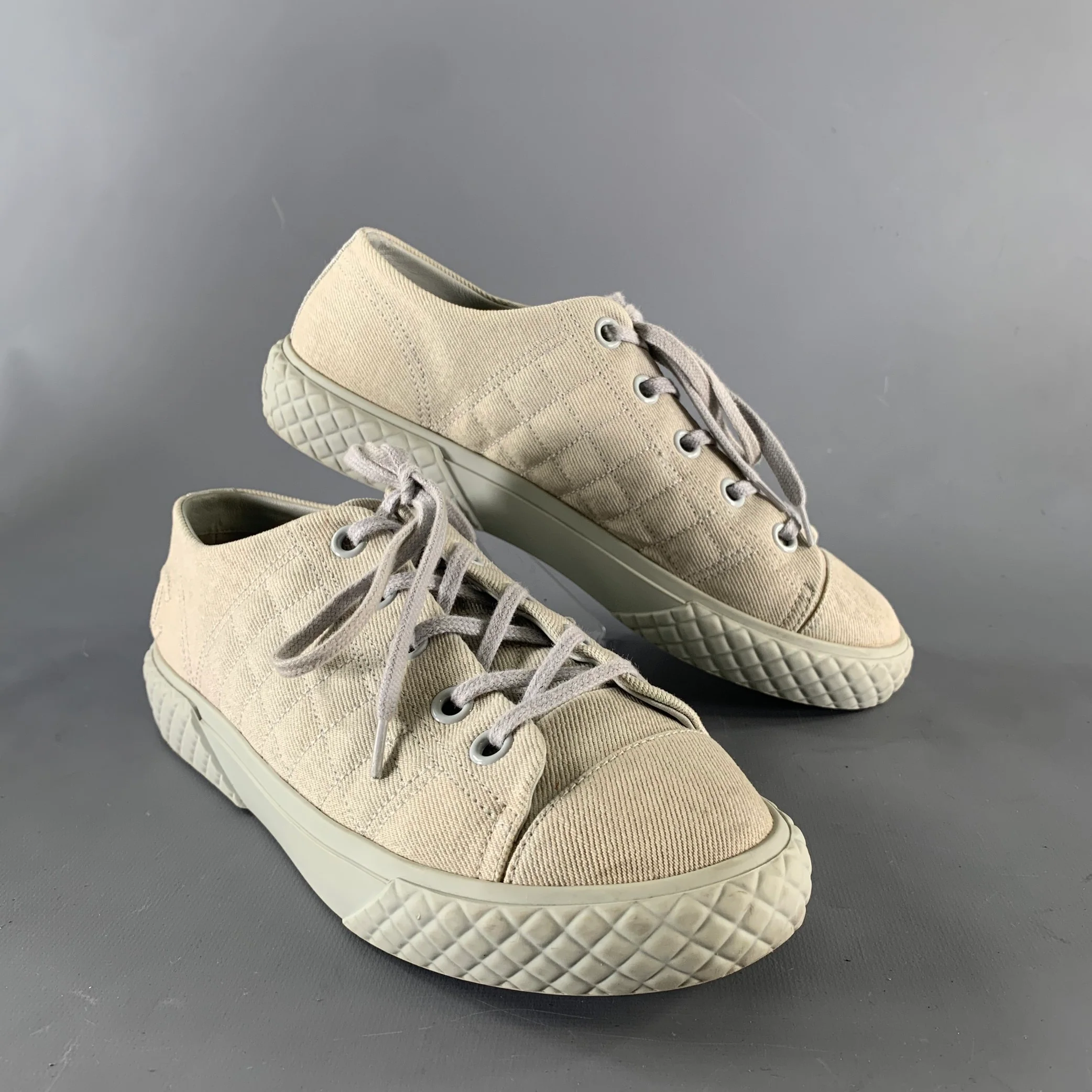 CHANEL Size 8.5 Grey Canvas Quilted Leather Trim Lace Up Sneakers