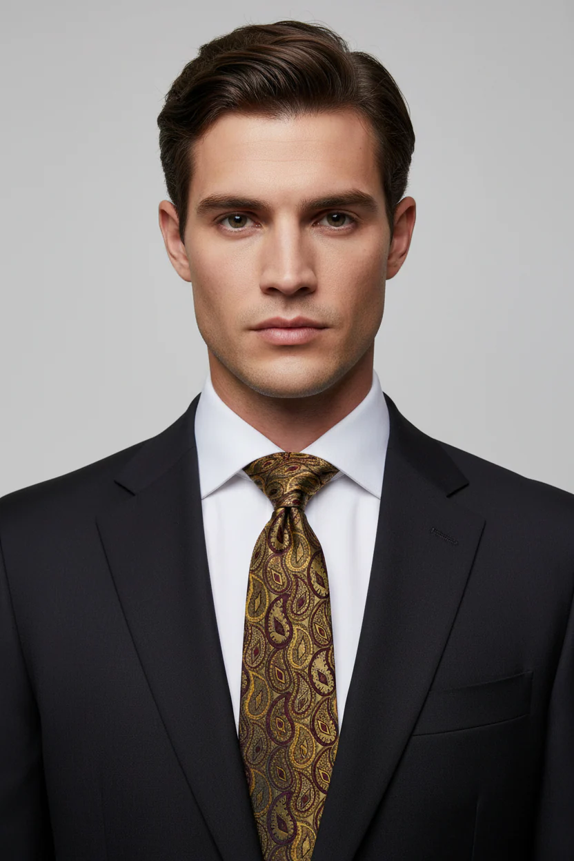 CHANEL Taupe Burgundy Paisley Silk Tie - Image 3