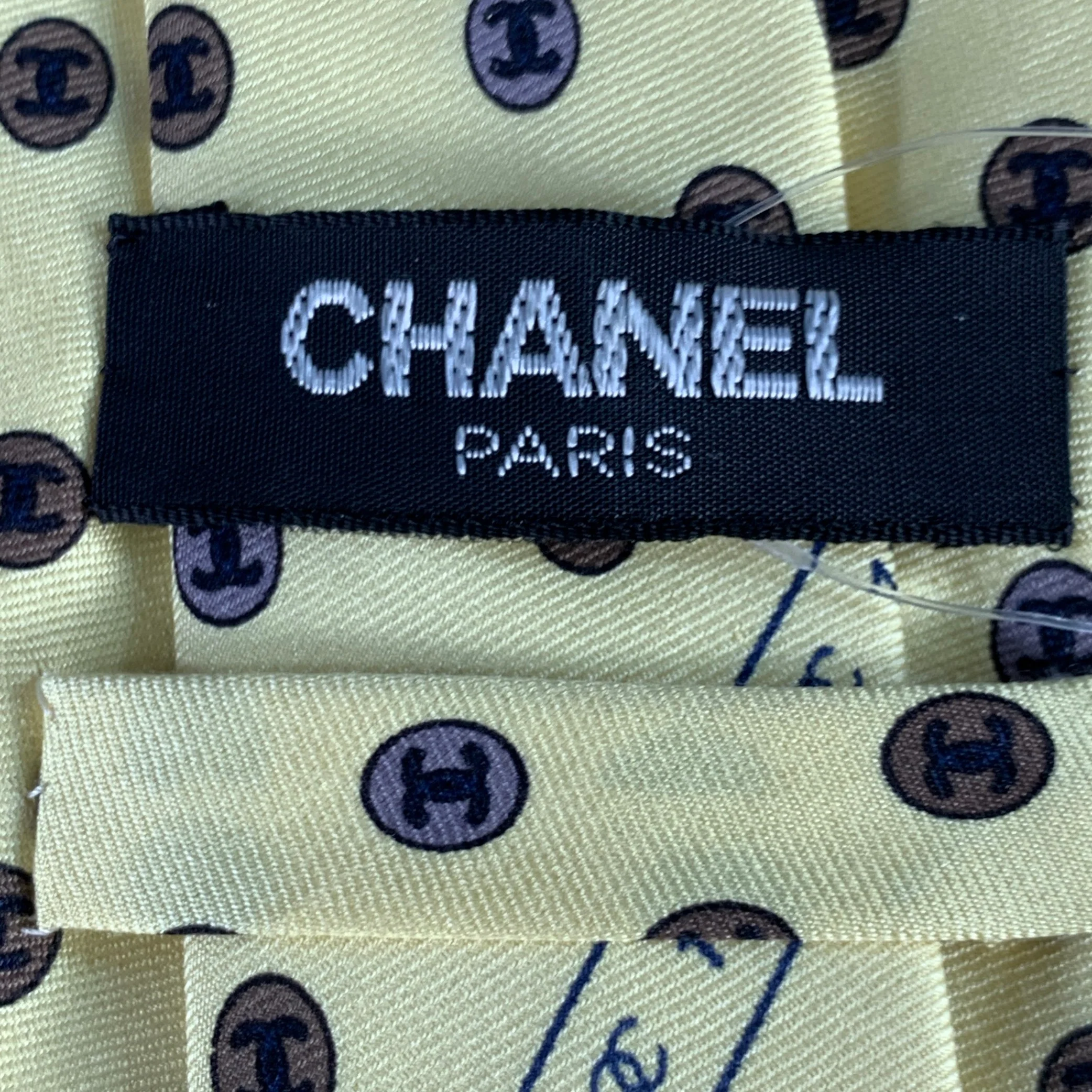 CHANEL Yellow Brown CC Monogram Logo Silk Tie - Image 4