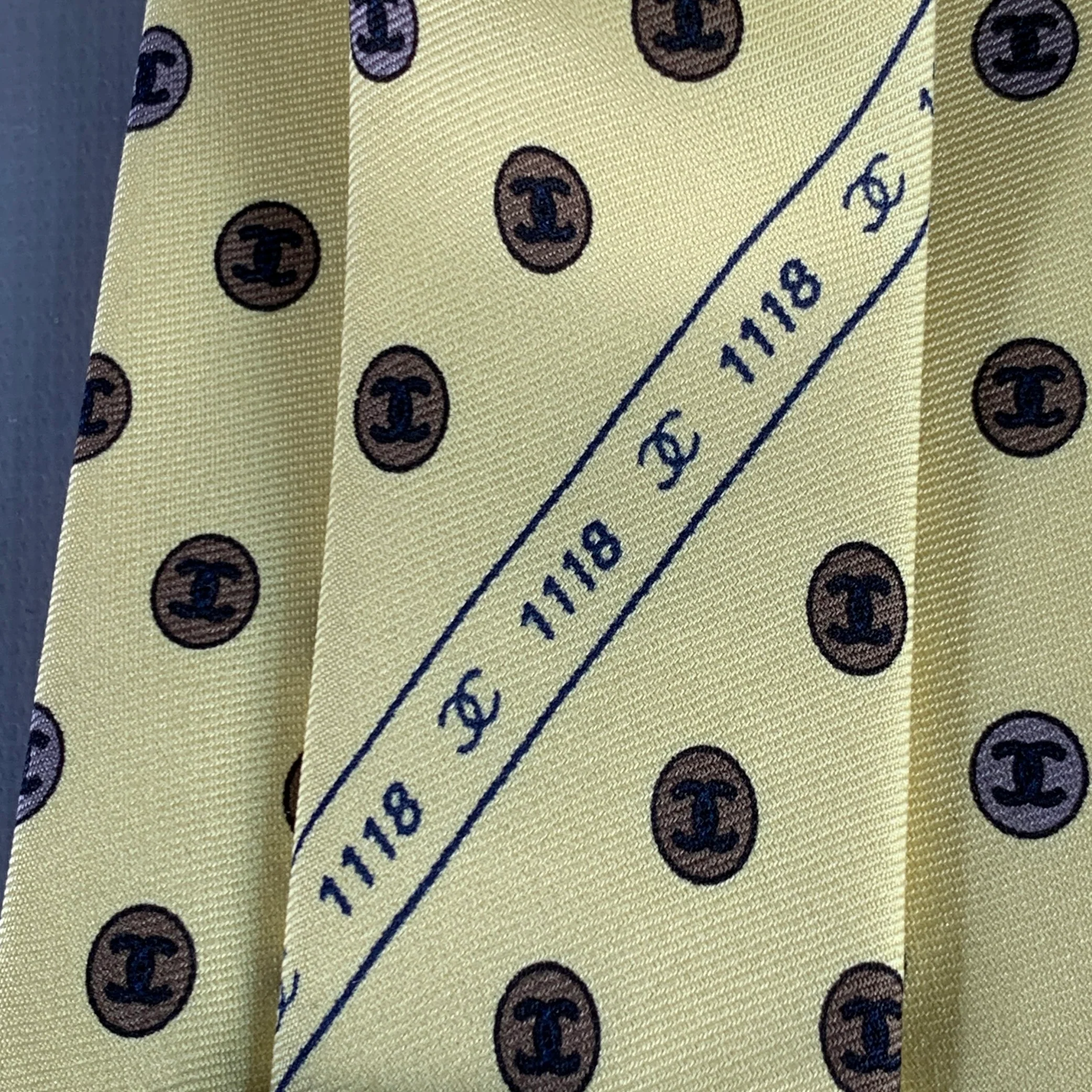 CHANEL Yellow Brown CC Monogram Logo Silk Tie - Image 5