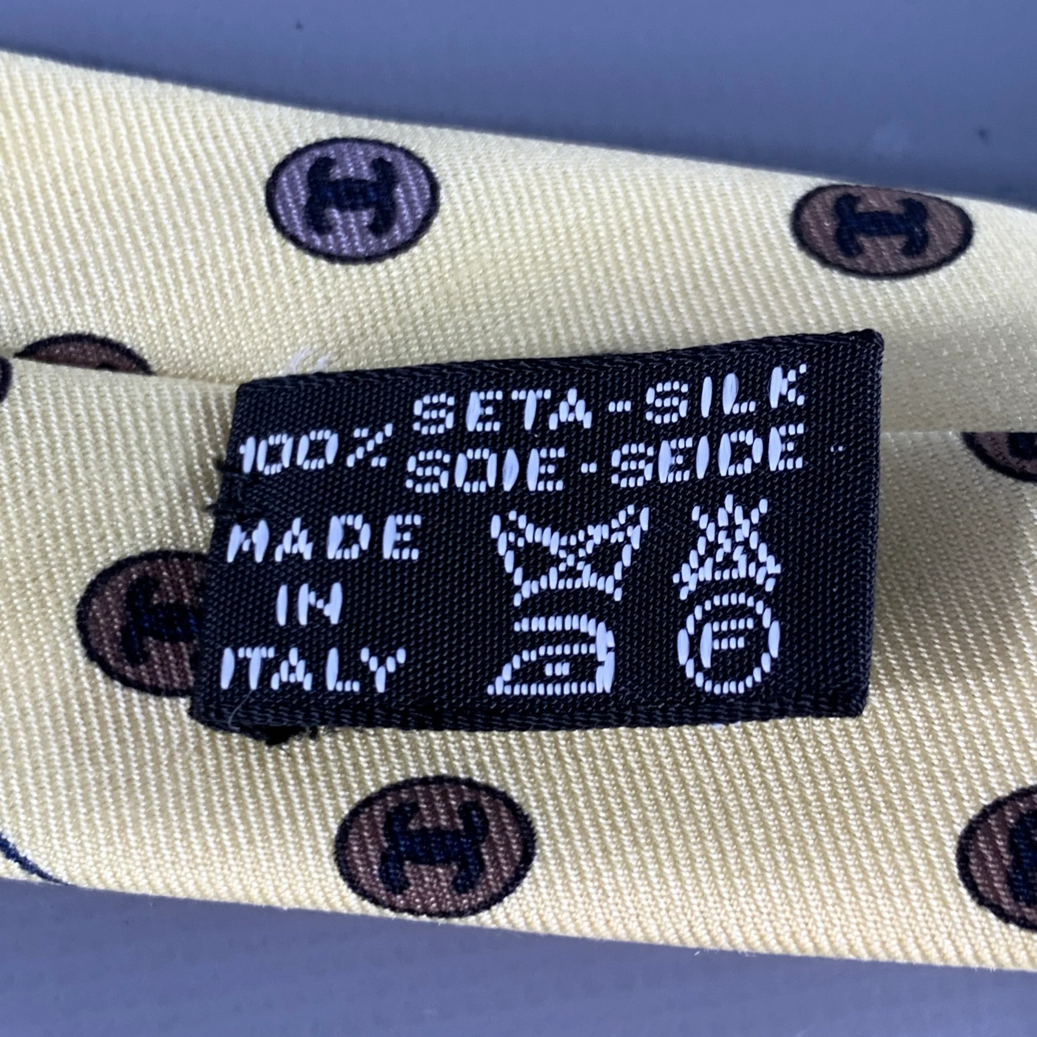 CHANEL Yellow Brown CC Monogram Logo Silk Tie - Image 7
