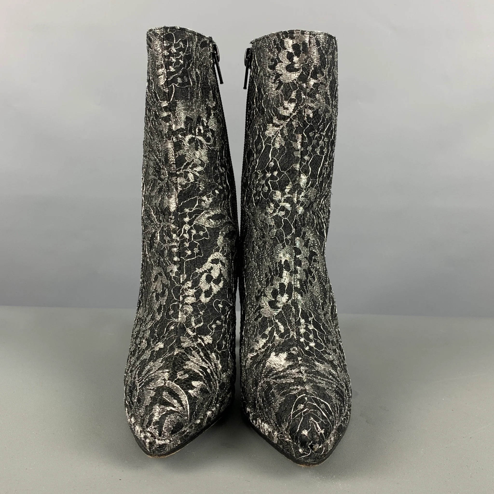 CHARLES JOURDAN Size 5 Black Grey Leather Floral Side Zipper Boots - Image 4