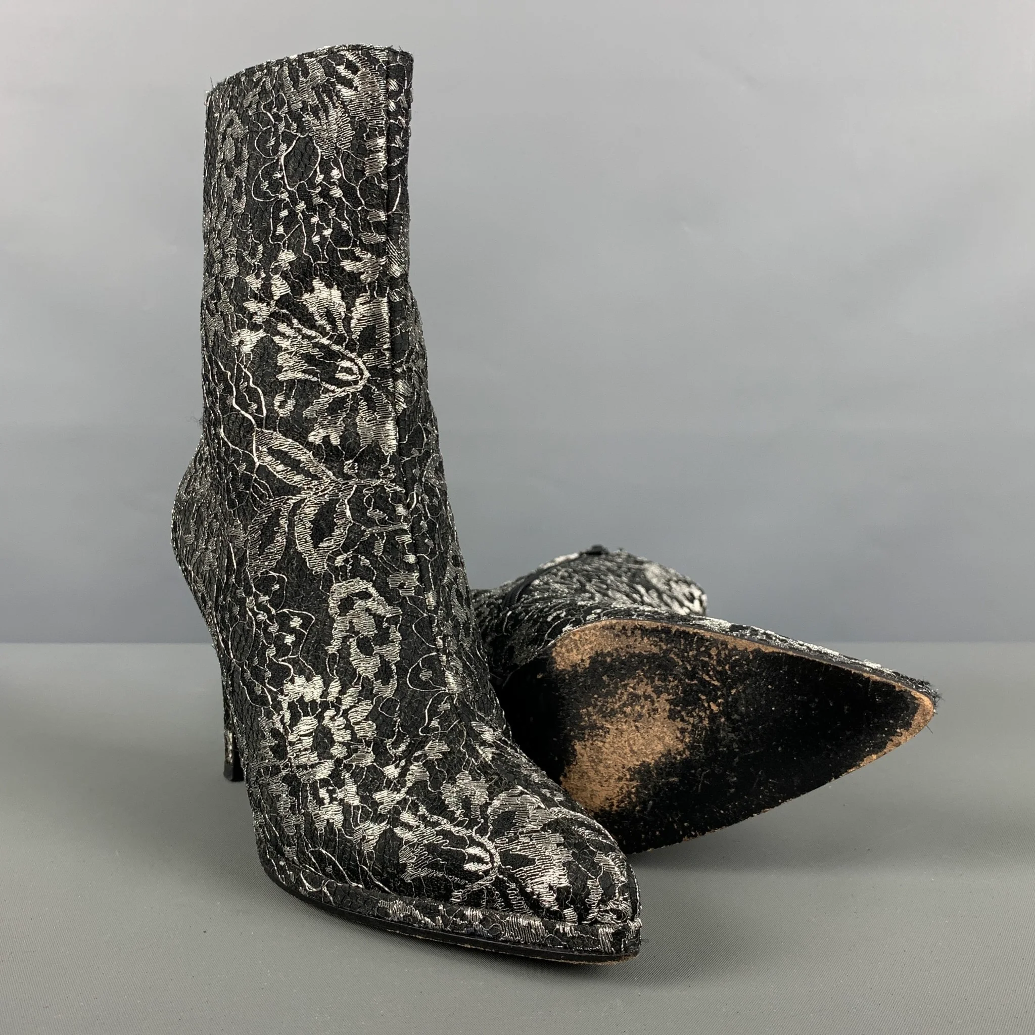 CHARLES JOURDAN Size 5 Black Grey Leather Floral Side Zipper Boots - Image 5