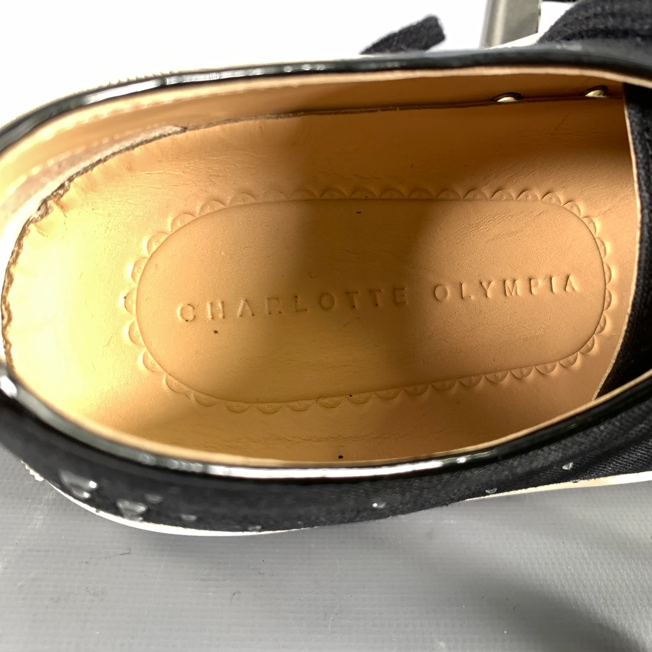CHARLOTTE OLYMPIA Size 9 Black Canvas Bedazzled Toe Cap Sneakers - Image 7