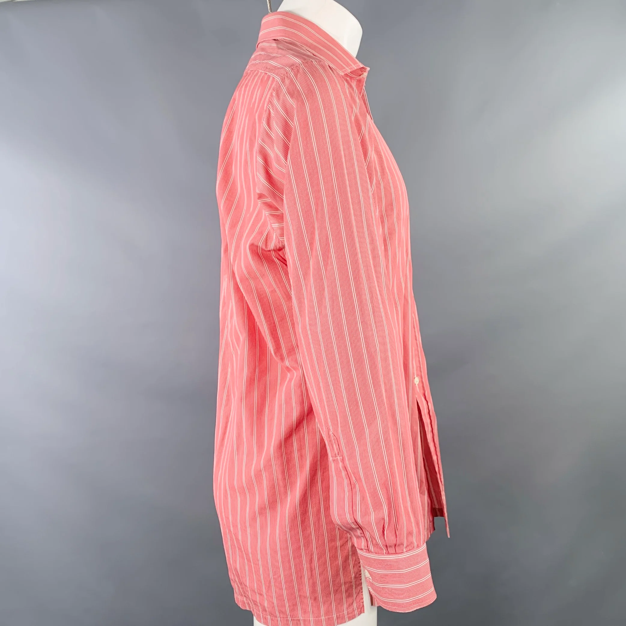 CHARVET Size 40 Red White Stripe Cotton Spread Collar Long Sleeve Shirt - Image 3