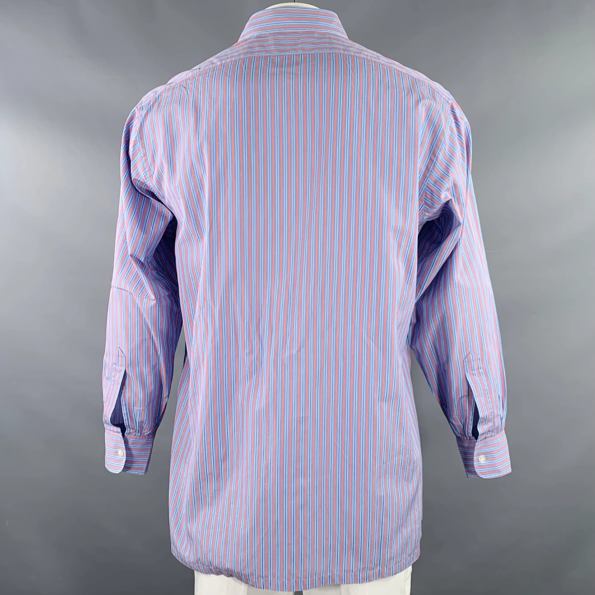 CHARVET Size L Blue Pink Stripe Cotton Curved Cutaway Long Sleeve Shirt - Image 4