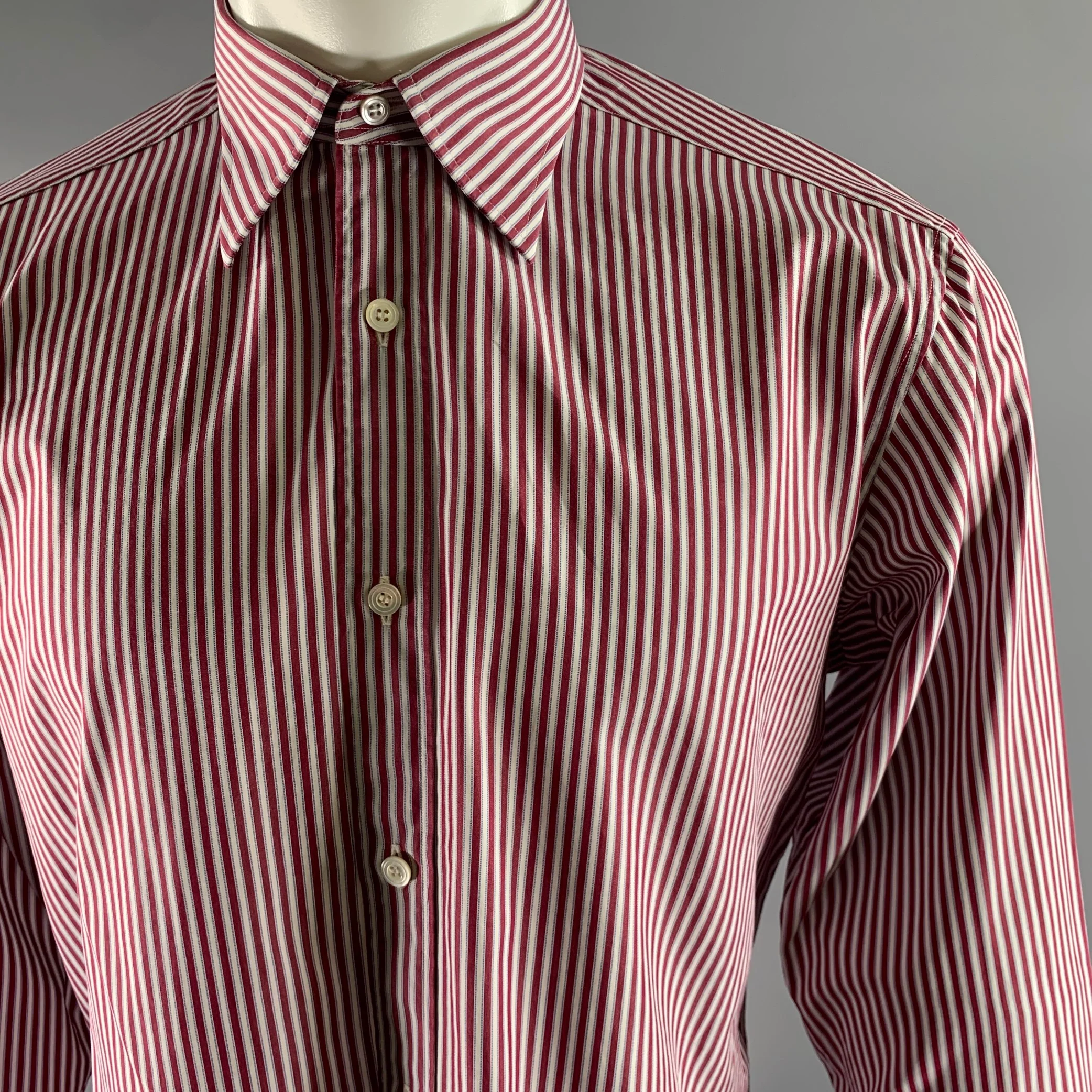 CHARVET Size L Burgundy White Stripe Cotton Pointed Collar Long Sleeve Shirt - Image 2