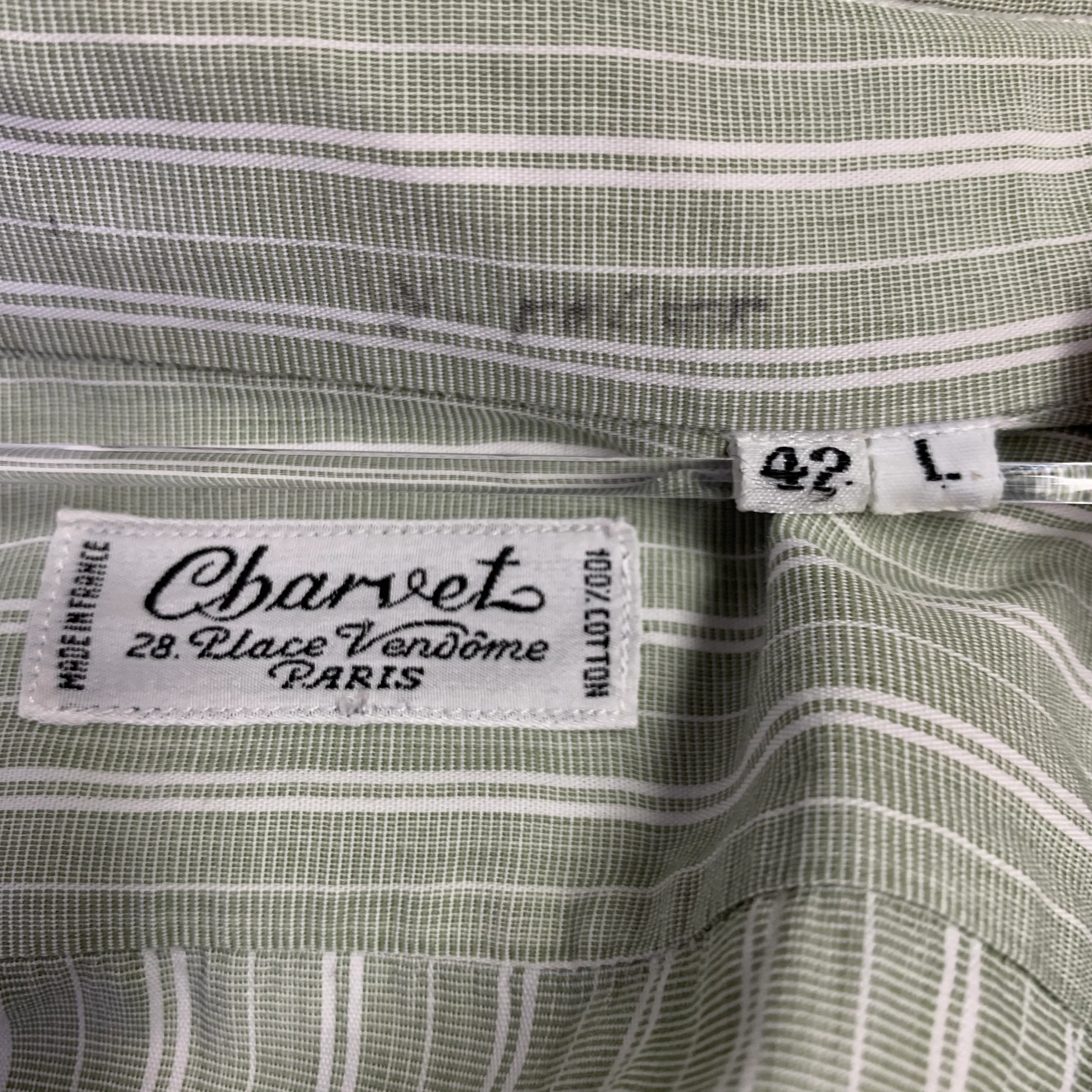 CHARVET Size L Green White Stripe Cotton Spread Collar Long Sleeve Shirt - Image 5
