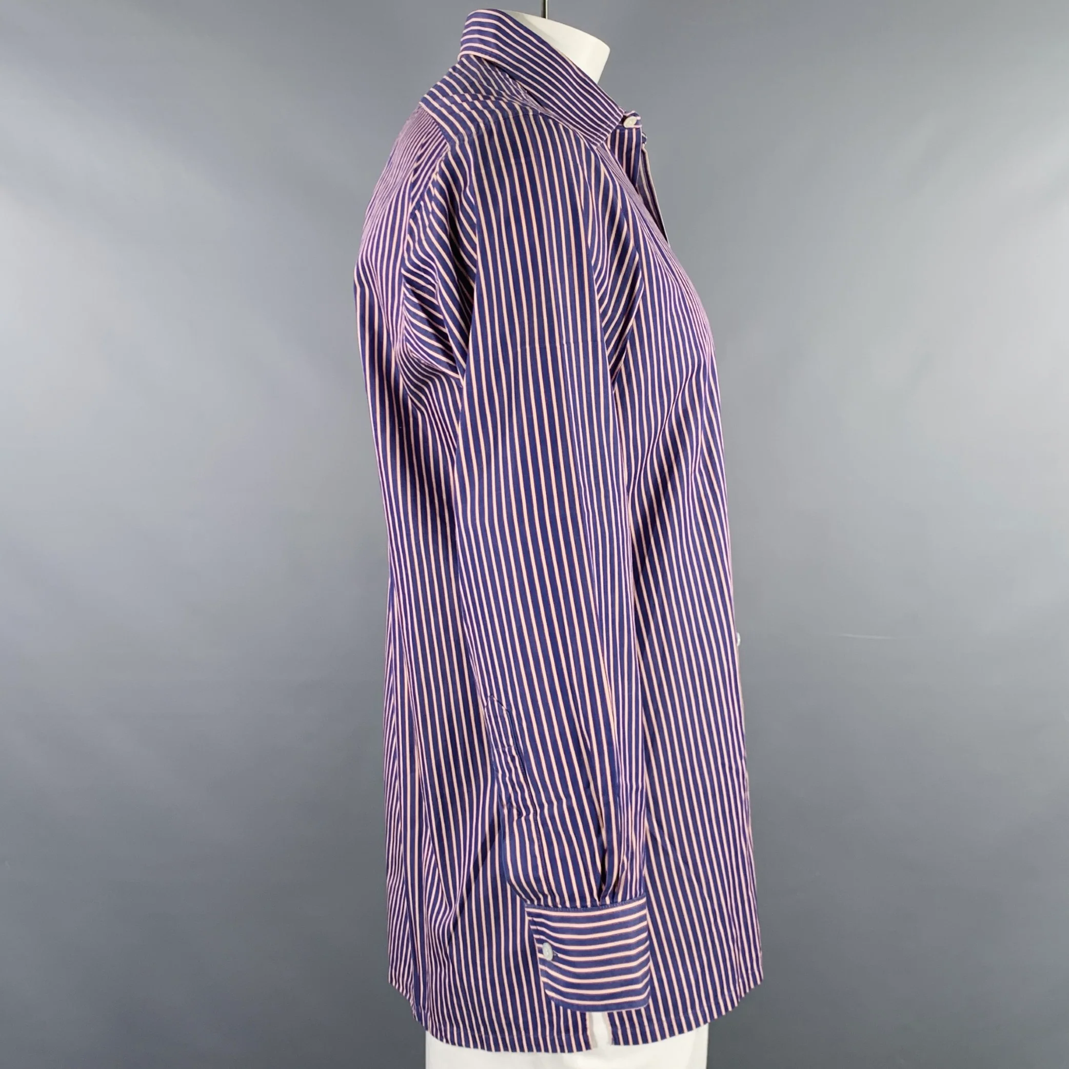 CHARVET Size L Navy Red Stripe Cotton Spread Collar Long Sleeve Shirt - Image 3