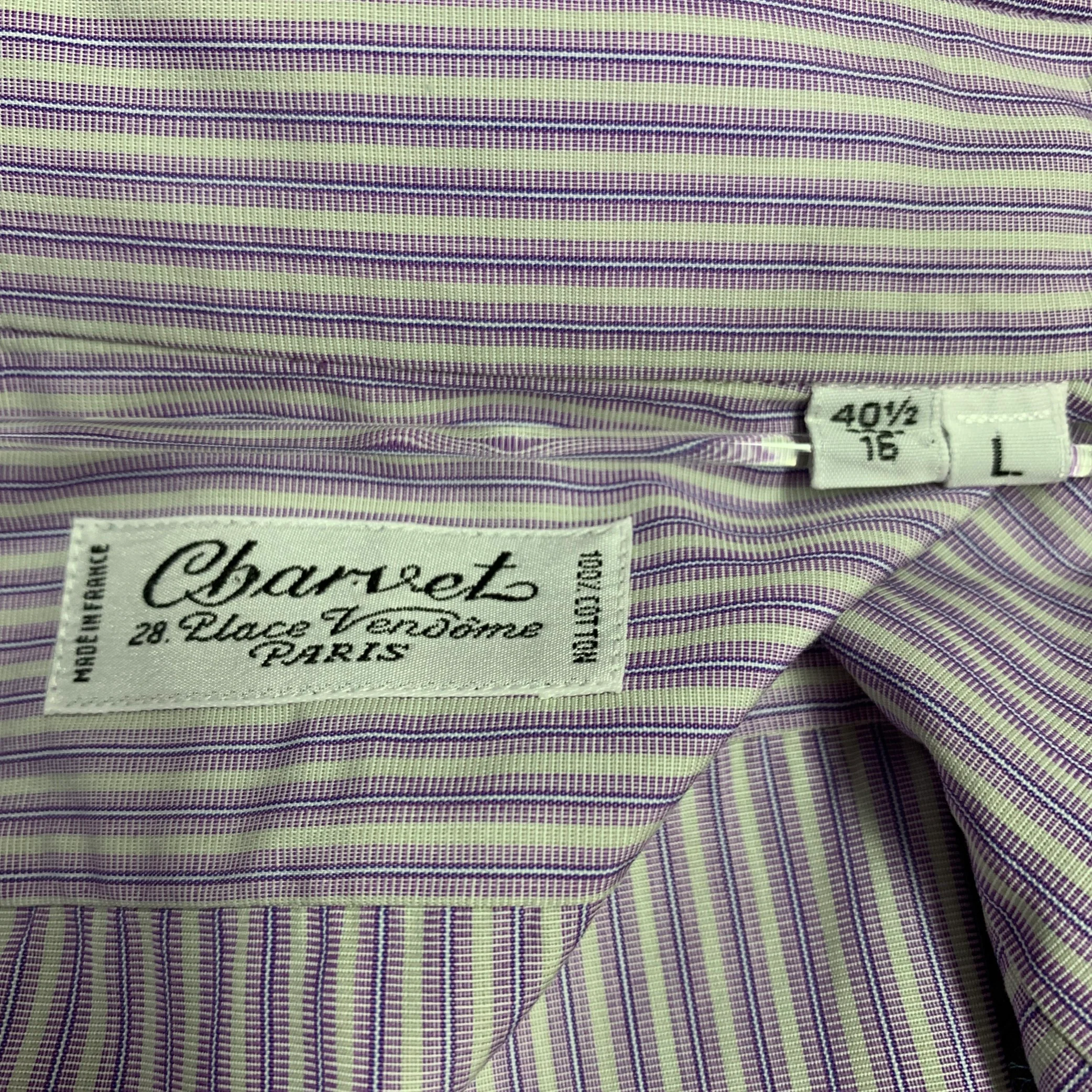 CHARVET Size L White Lavender Stripe Cotton Curved Cutaway Long Sleeve Shirt - Image 5