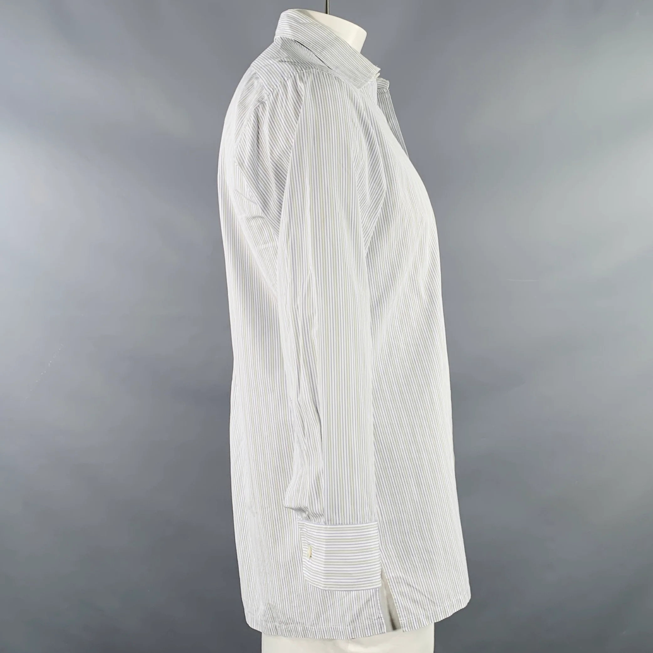 CHARVET Size L White Navy Green Stripe Cotton Curved Cutaway Long Sleeve Shirt - Image 3