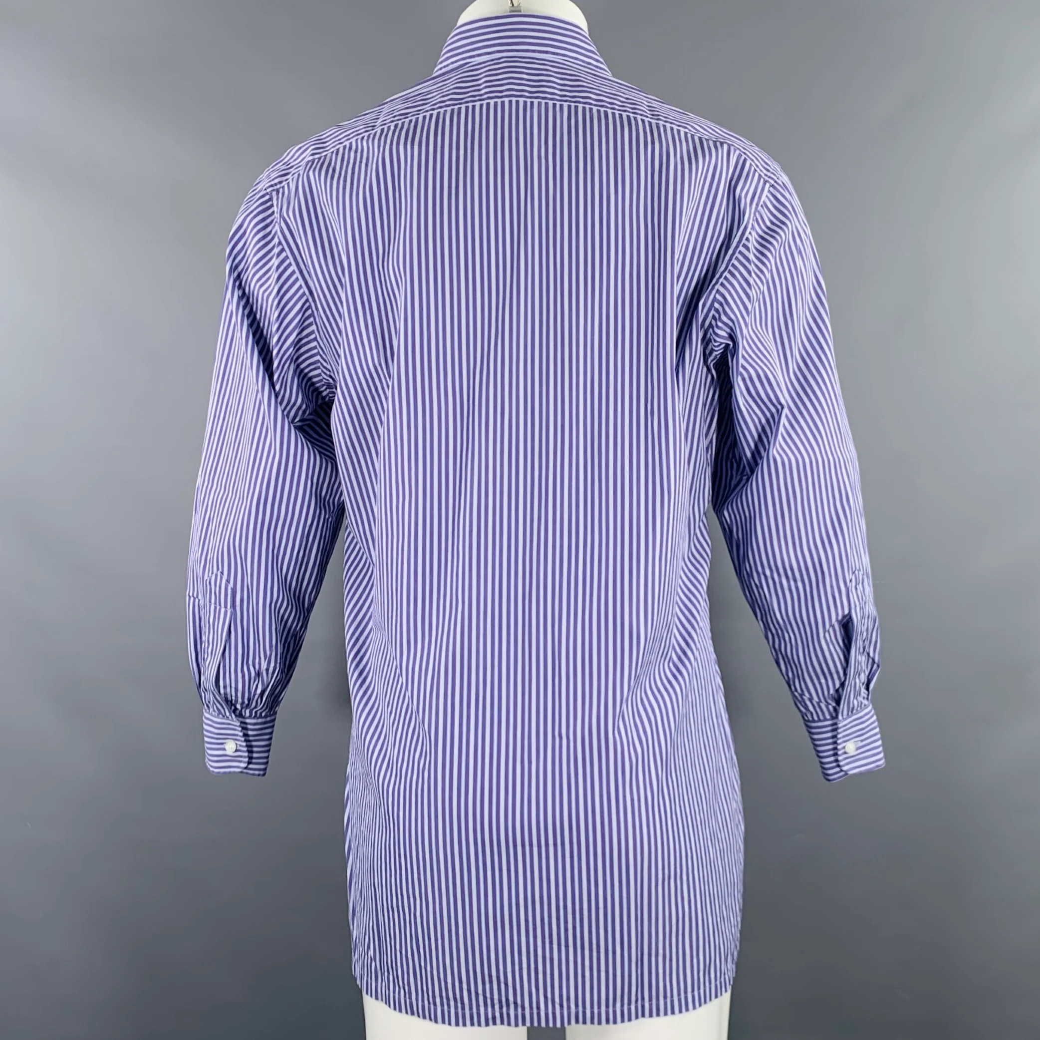 CHARVET Size M Blue Light Blue Stripe Cotton Spread Collar Long Sleeve Shirt - Image 4
