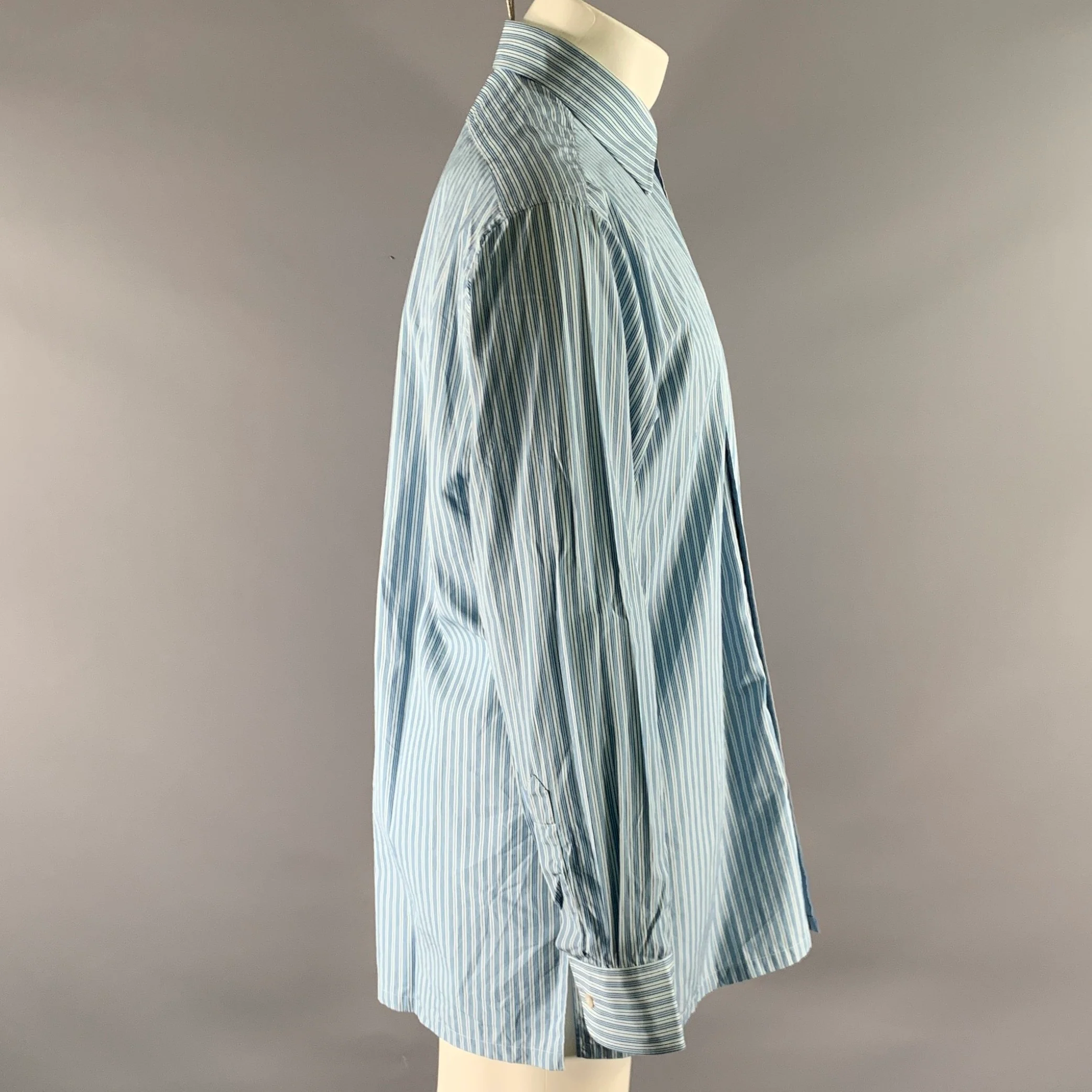 CHARVET Size M Blue White Navy Stripe Cotton Point Collar Long Sleeve Shirt - Image 3