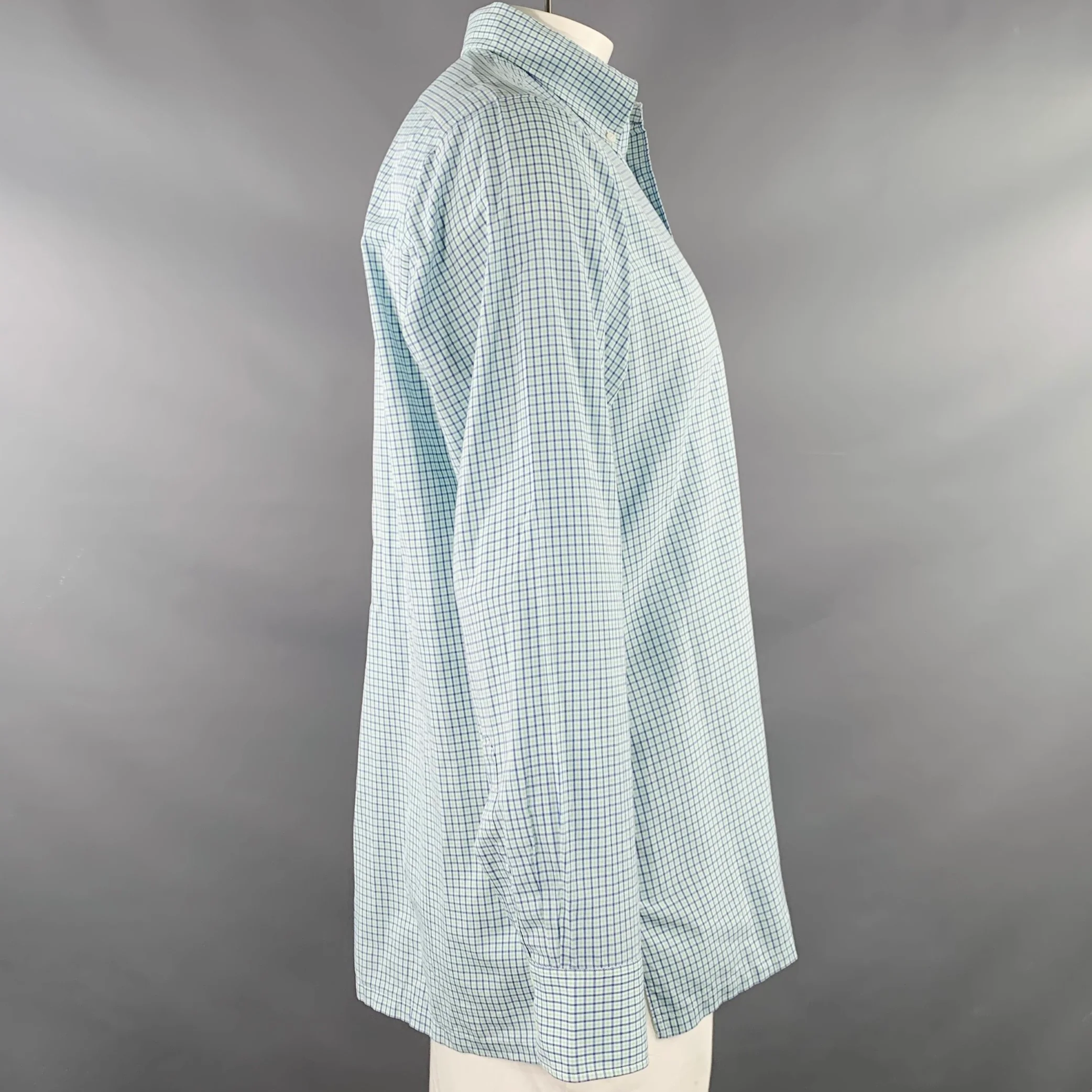 CHARVET Size M/L White Blue Green Checkered Cotton Long Sleeve Shirt - Image 3